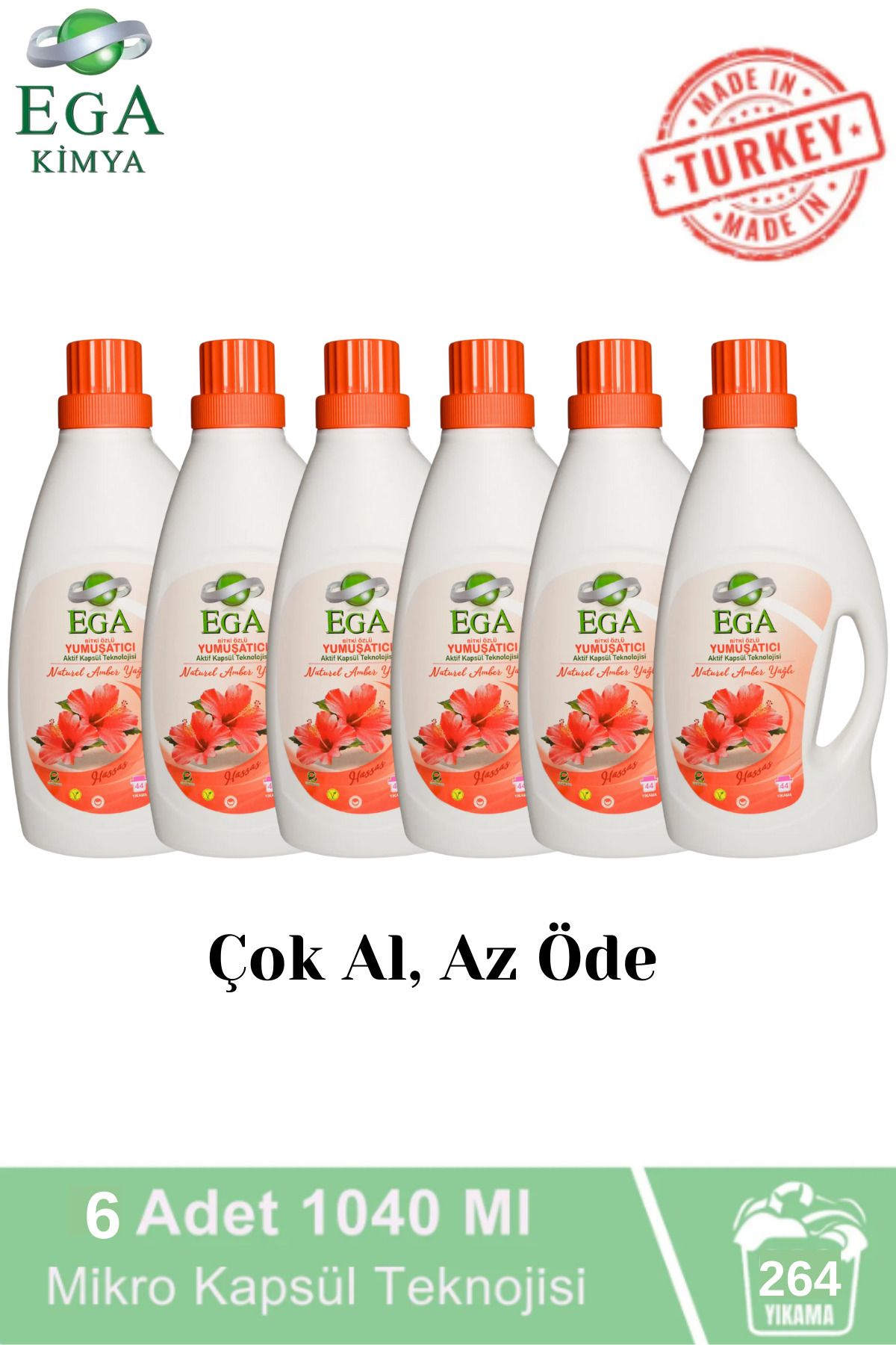 Ega Kimya Aktif Kapsül Teknolojili Amber Çamaşır Yumuşatıcısı 6 X 1040 ml 264 Yıkama