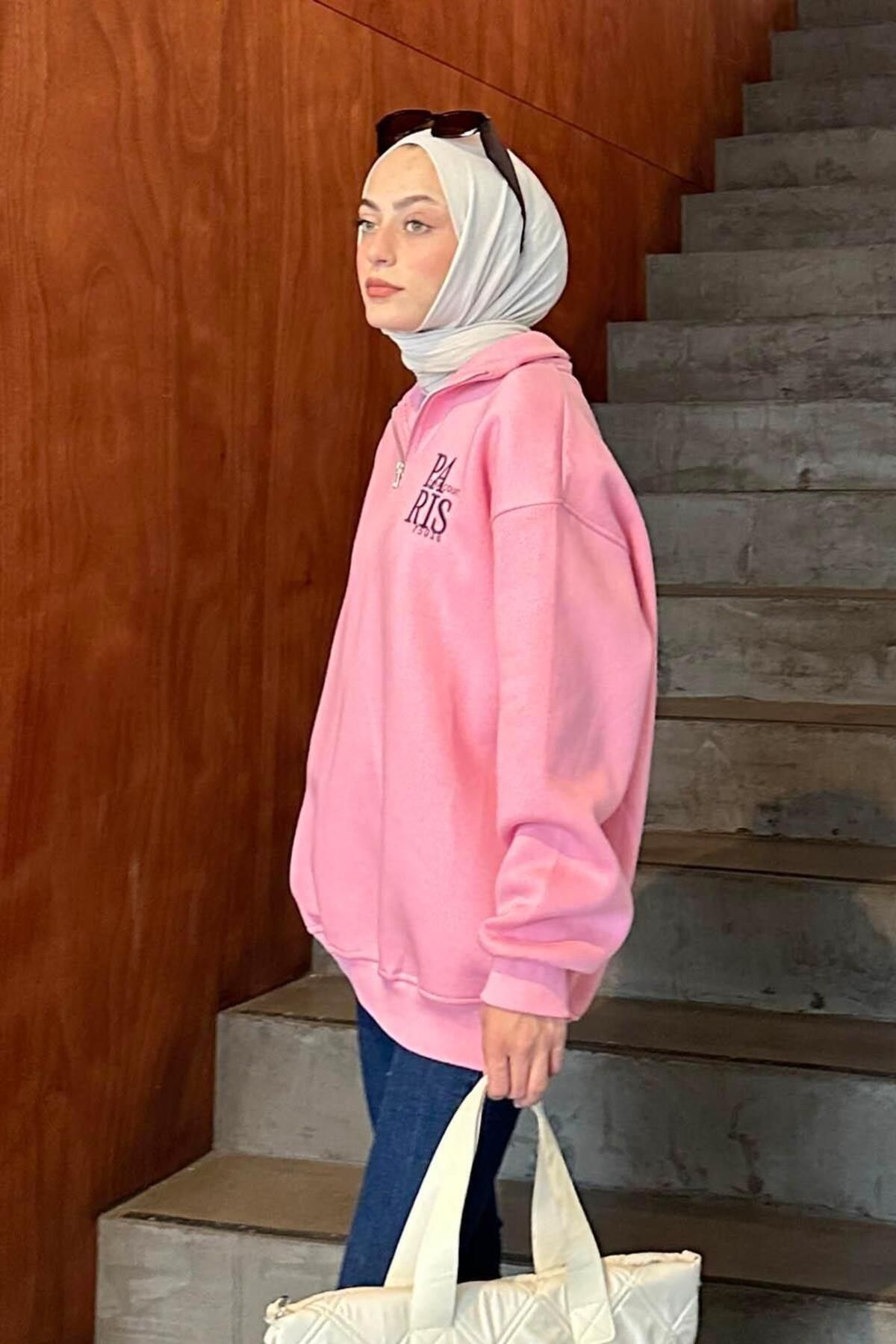 lamelif-Pink Paris Embroidered Zipper Collar Sweatshirt 2