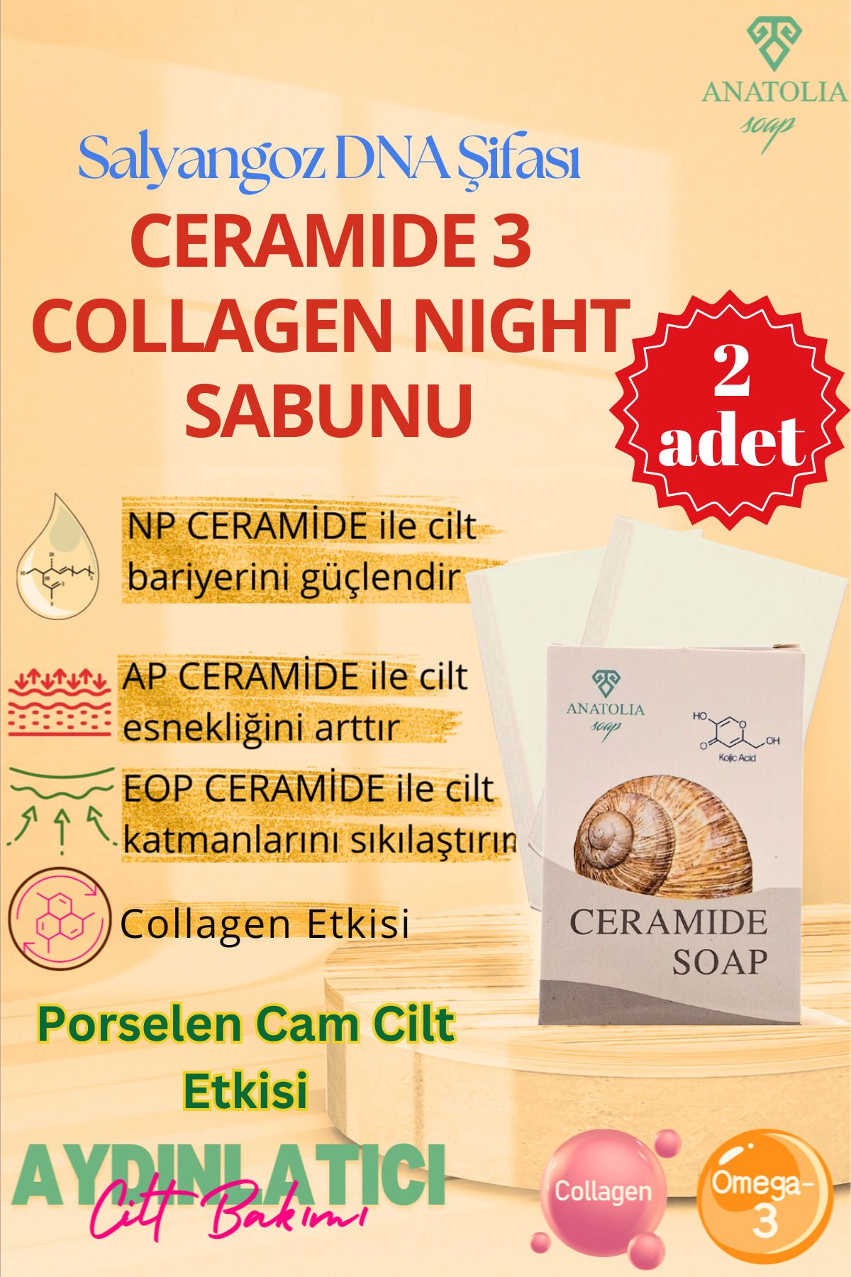 Anatolia Soap Collagen Night Kolajen Ceramide 2 adet (NP AP EOP) Salyangoz DNA'lı Gece Yüz Bakım Sabun Barı