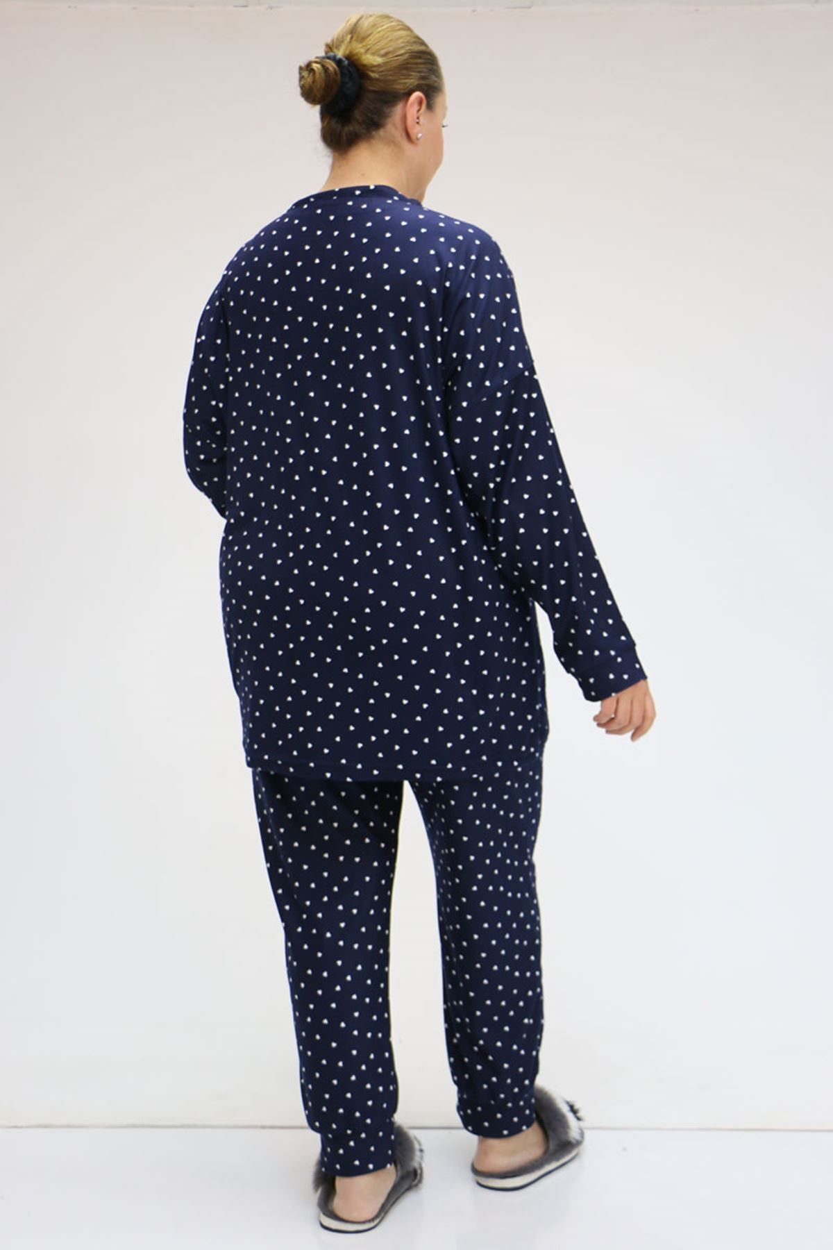 Eslina-47812 Large Size Half Placket Button Micro Suede Pajamas Set - Navy 5