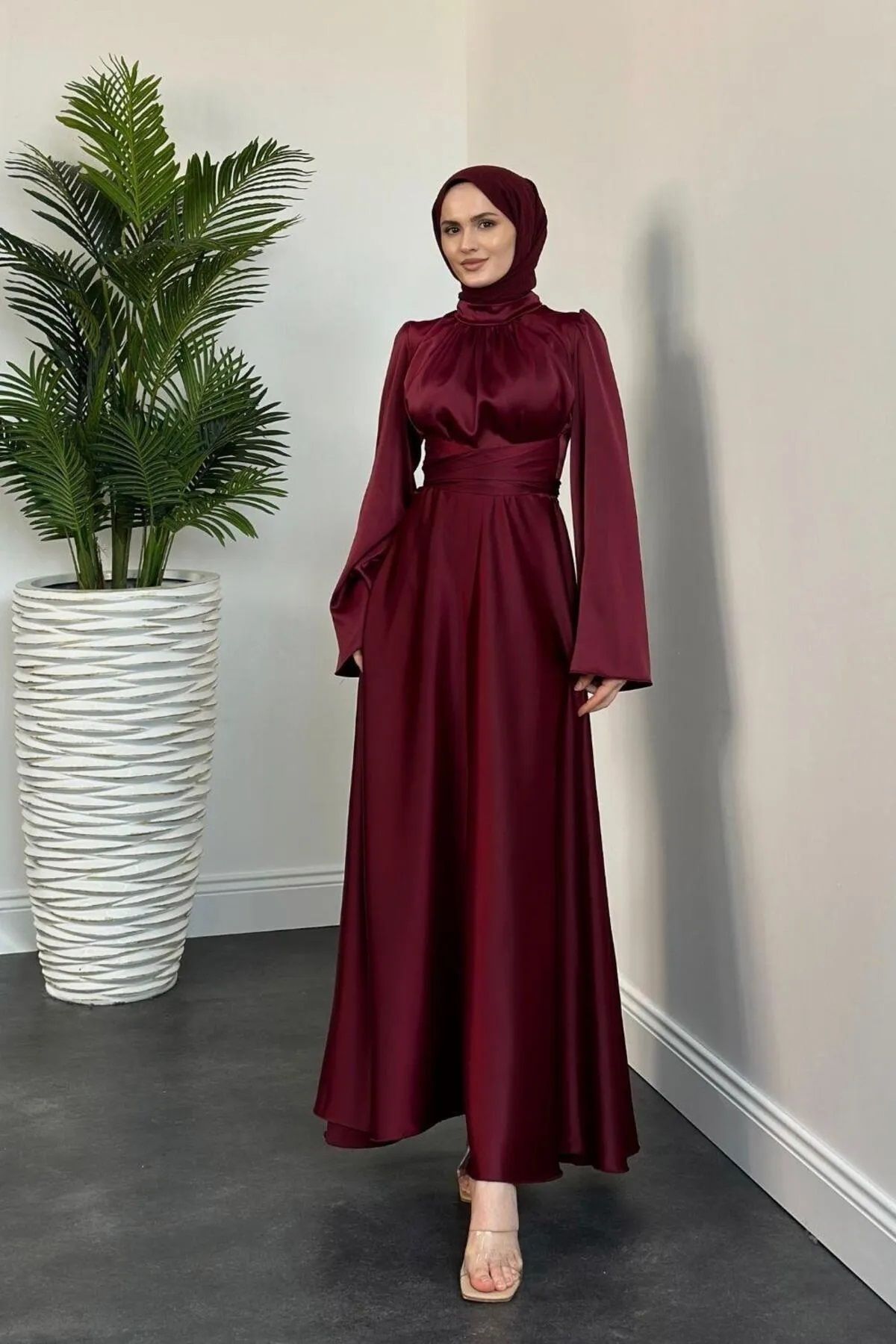 Tesettür Diyarı-Spanish Sleeve Satin Evening Dress with Tie Waist Detail - Burgundy 1