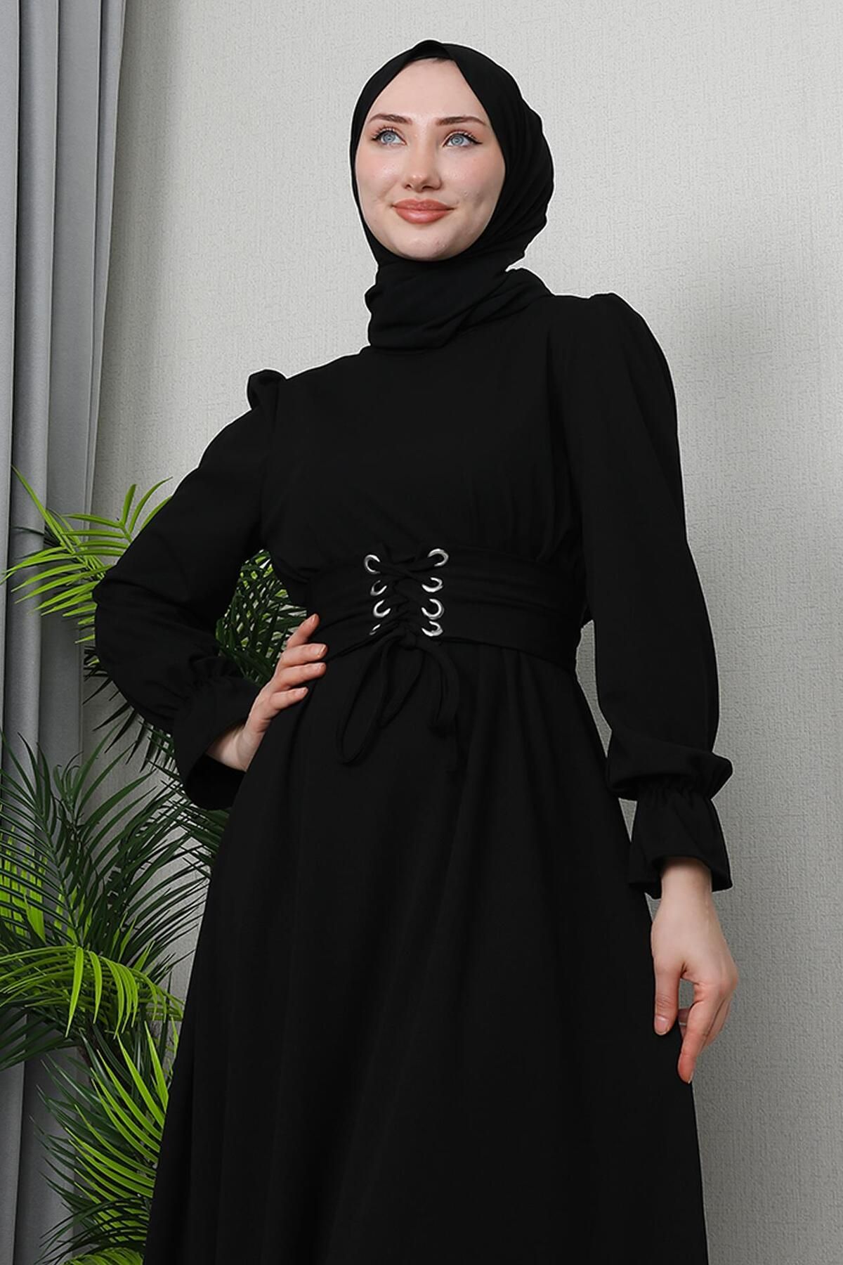 giz astore-Rochie neagră cu ochi de pasăre și eșarfă 5