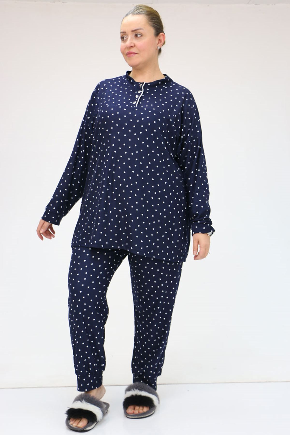 Eslina-47812 Large Size Half Placket Button Micro Suede Pajamas Set - Navy 1