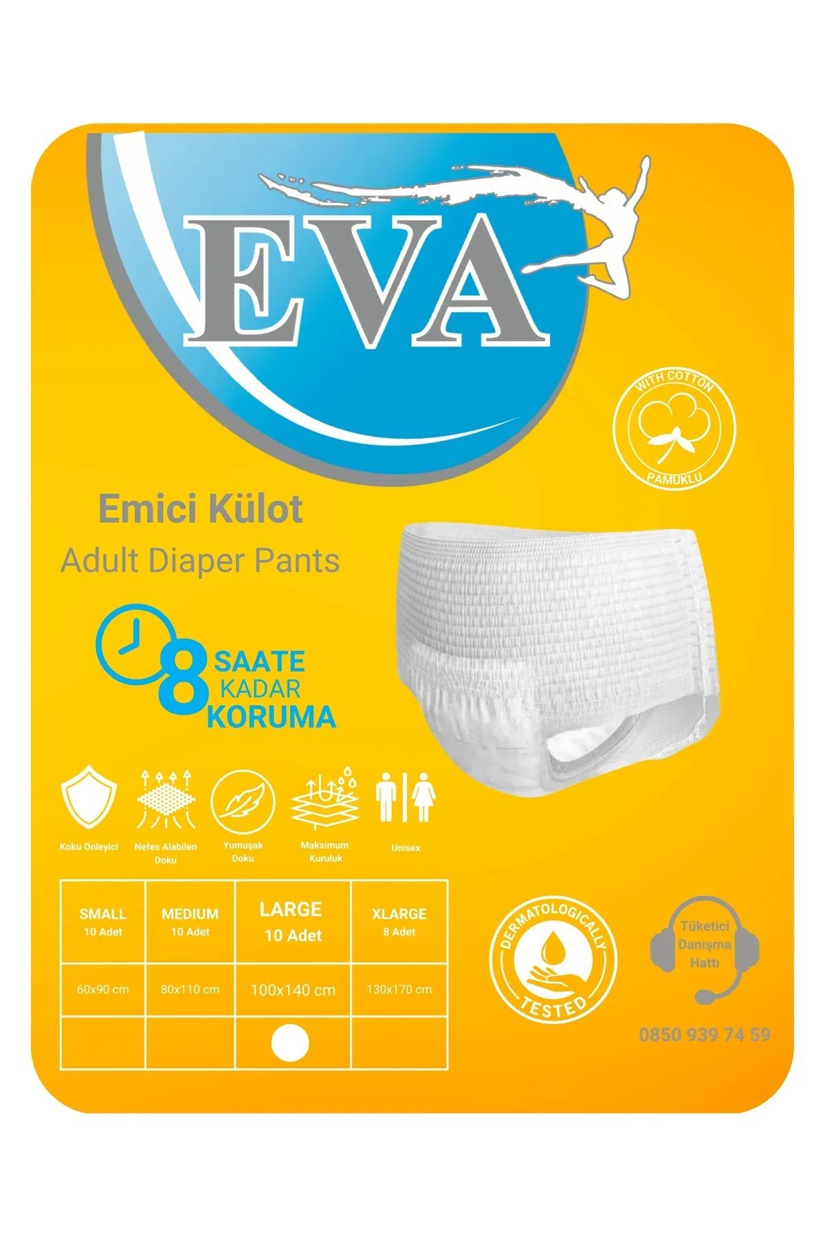 EVA 10lu Emici Külot Large 1 Paket 10 Adet (100-140CM) SEVİYE1=İDRAR KAÇIRMA-LOHUSA-REGL 900ML EMİCİLİK