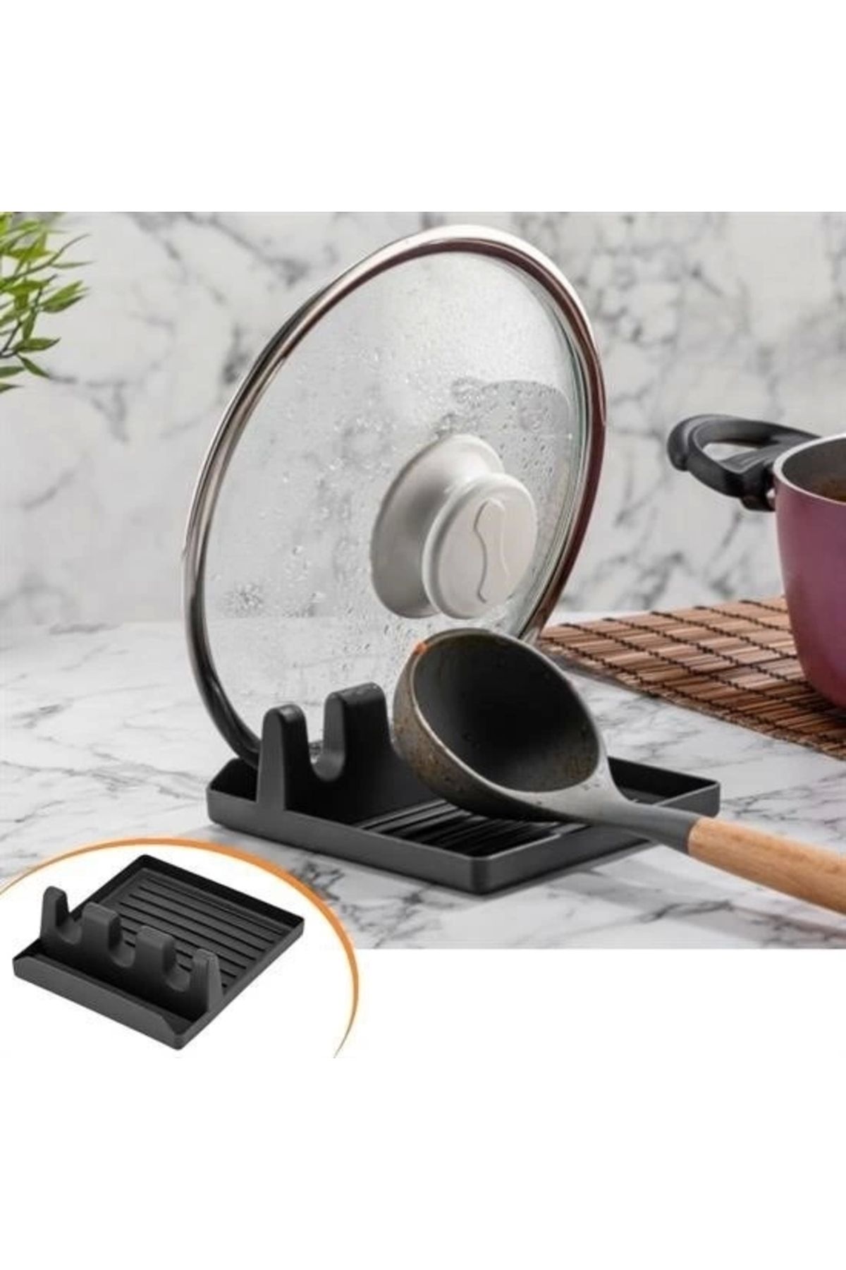 Genel Markalar Buffer® Tencere Kapak Tutuculu Kaşıklıklı Tencere Kapak Standı Pratik Kaşık Kepçe Altlık Düzenleyici
