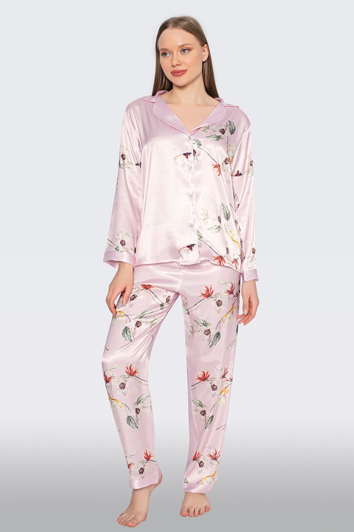 JENİKA Set Pijama Roz Cu Mâneci Lungi Din Satin Cu Model De Flori Femeie - XL