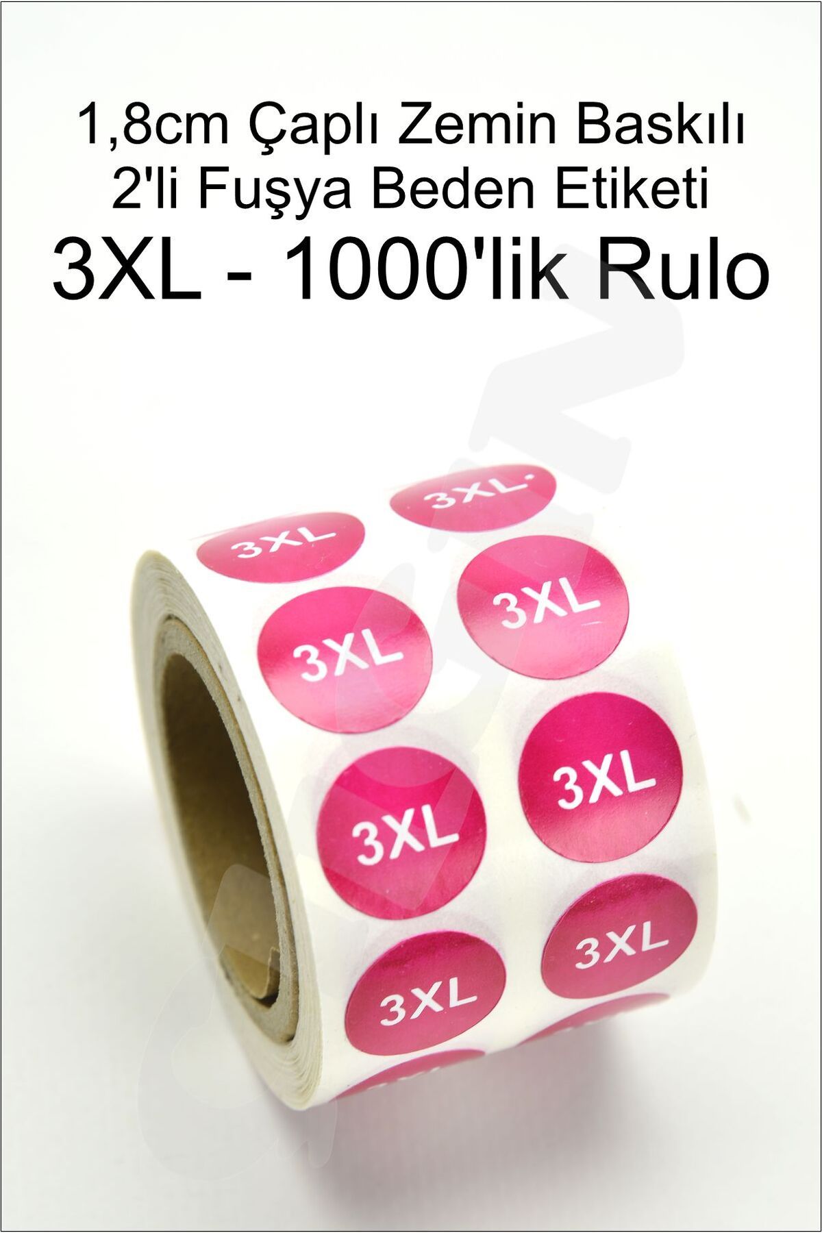 ÜRETİM BEDEN ETİKETİ 1,8cm FUŞYA Yuvarlak Zemin Baskılı 2'li Stiker Rulo Etiket - 1000 Adet