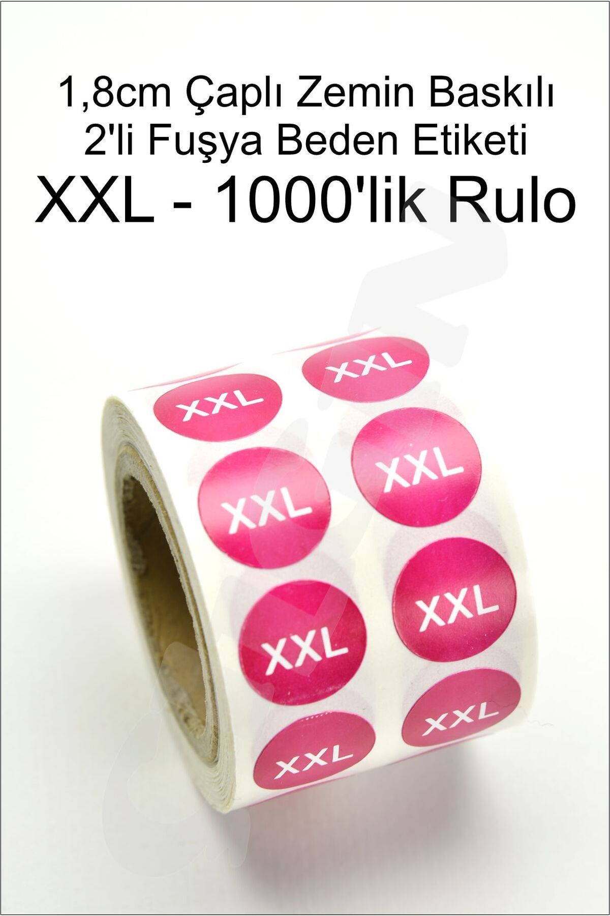 ÜRETİM BEDEN ETİKETİ 1,8cm FUŞYA Yuvarlak Zemin Baskılı 2'li Stiker Rulo Etiket - 1000 Adet