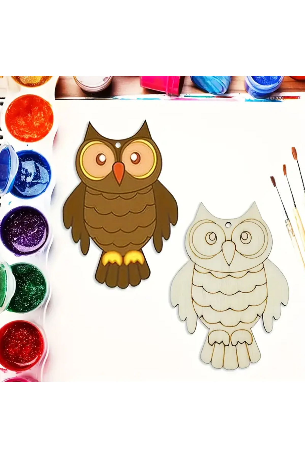 10 Adet Baykuş Desenli Ahşap Boyama Seti + 6 lı Boya + 2 Adet Fırça Set 5