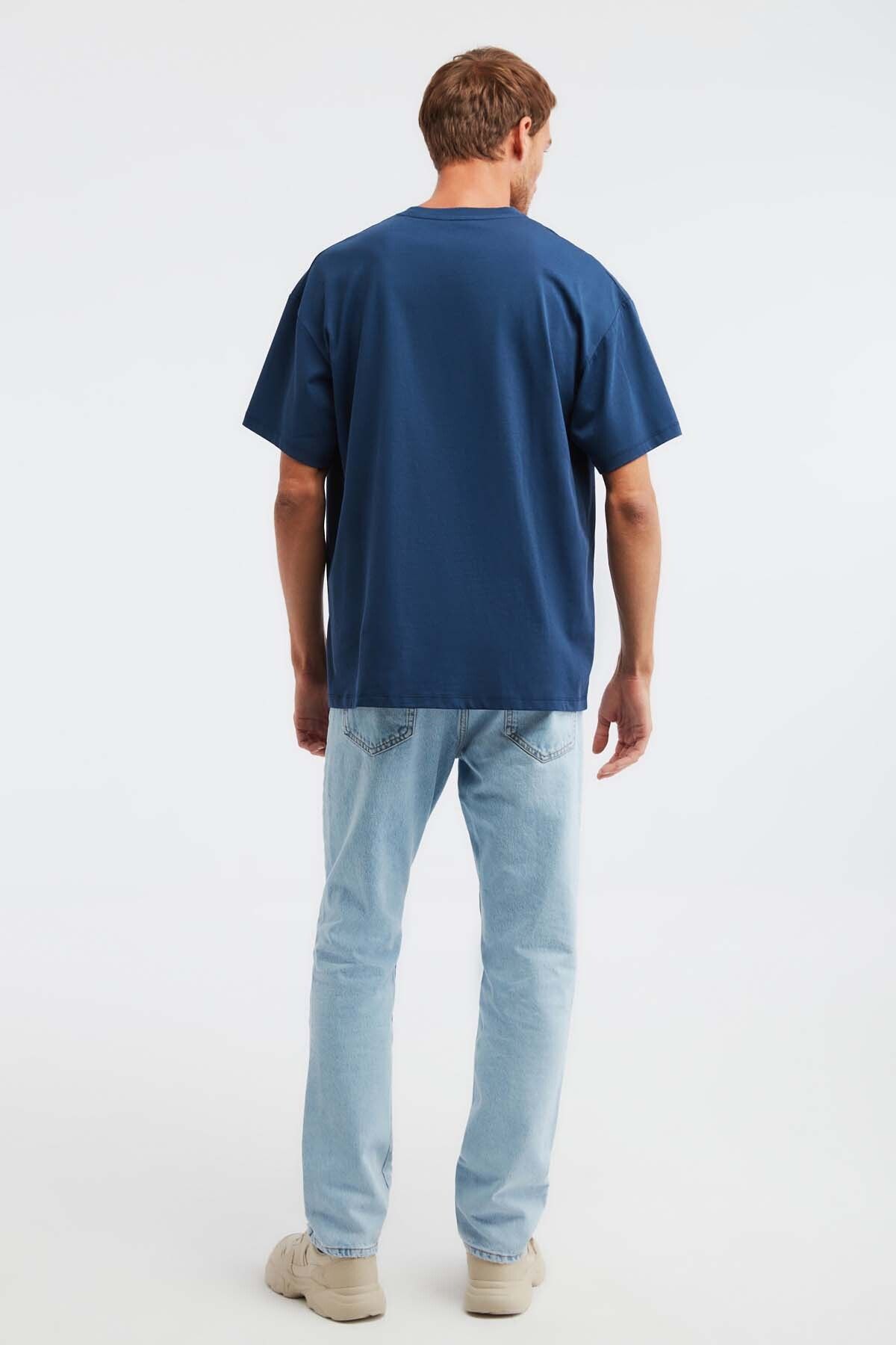 GRIMELANGE-Ανδρικό Jett - 100% οργανικό βαμβάκι Navy Blue Oversize T-shirt, Crew Neck 5