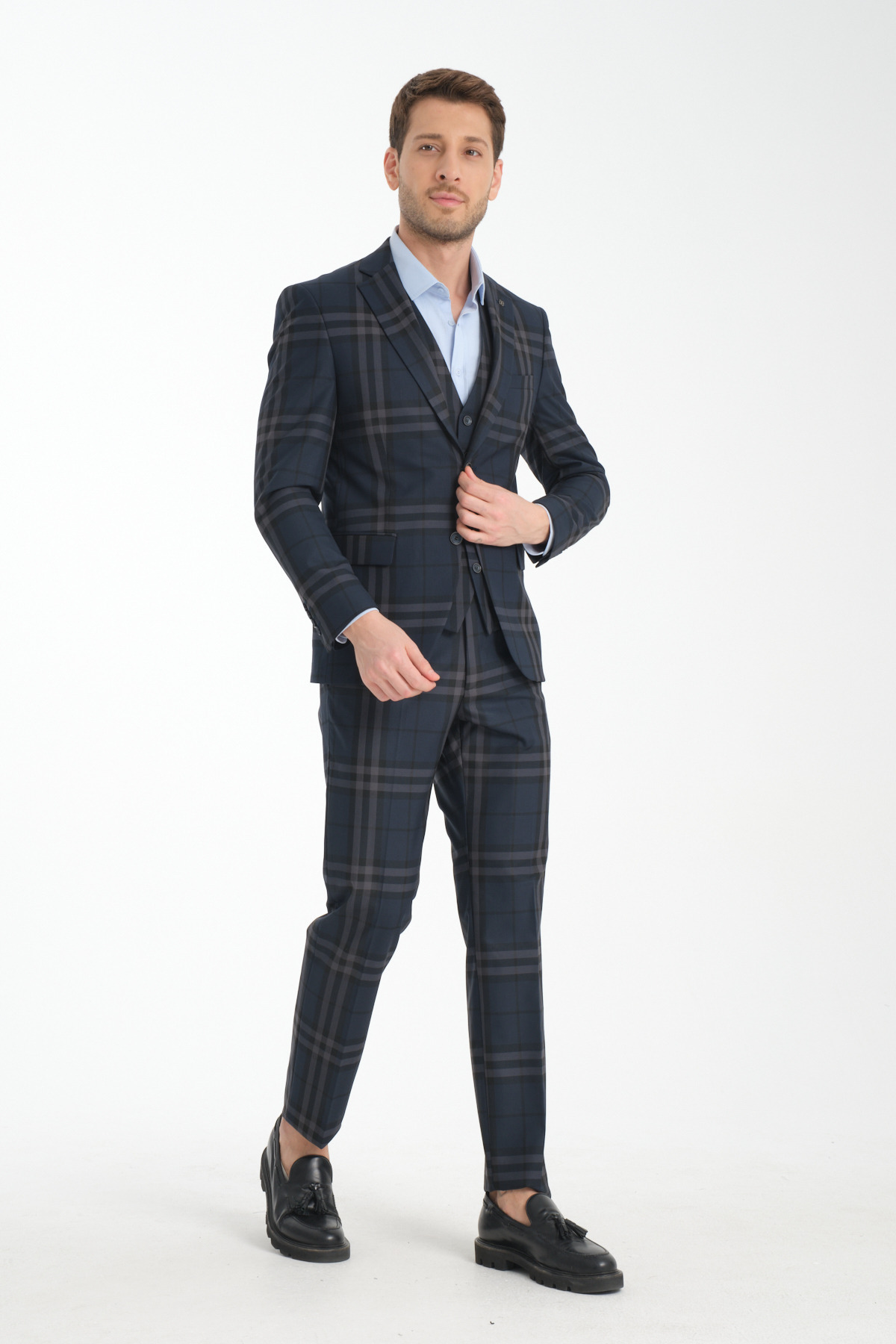 Frappoli Slim Fit Lacivert Ekose Kareli Düz Mono Yaka Çift Yırtmaçlı Astarlı Takim Elbise görsel 3