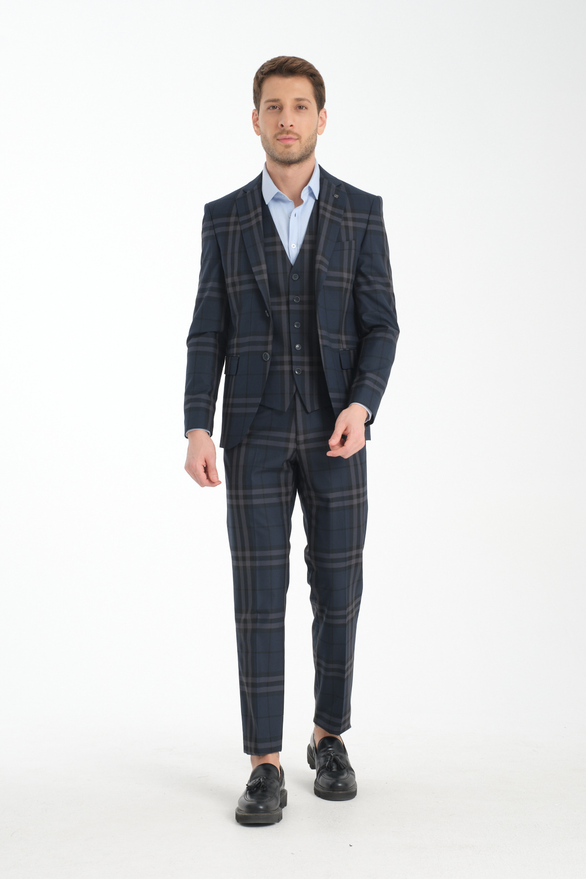Frappoli Slim Fit Lacivert Ekose Kareli Düz Mono Yaka Çift Yırtmaçlı Astarlı Takim Elbise görsel 2