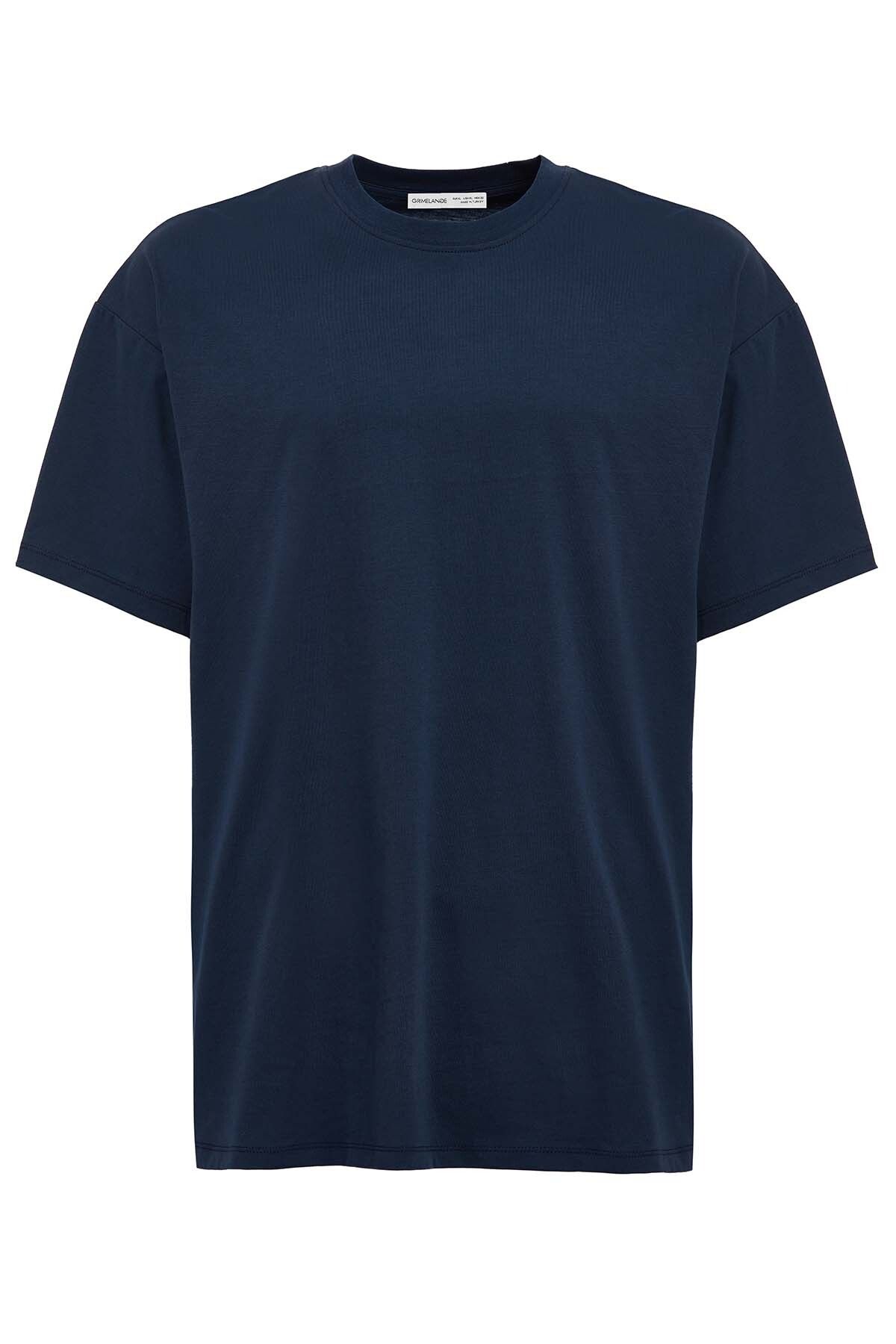 GRIMELANGE-Ανδρικό Jett - 100% οργανικό βαμβάκι Navy Blue Oversize T-shirt, Crew Neck 6