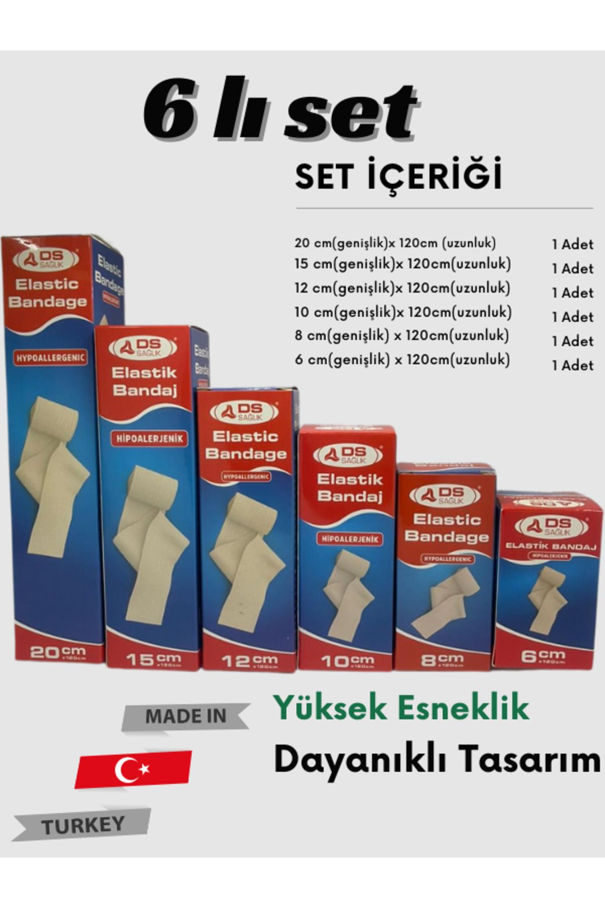 DS Sağlık Elastik Bandaj 6’lı Set Yüksek Kalite Esneklik ve Dayanıklılık set içeriği (20-15-12-10-8-6 cm)