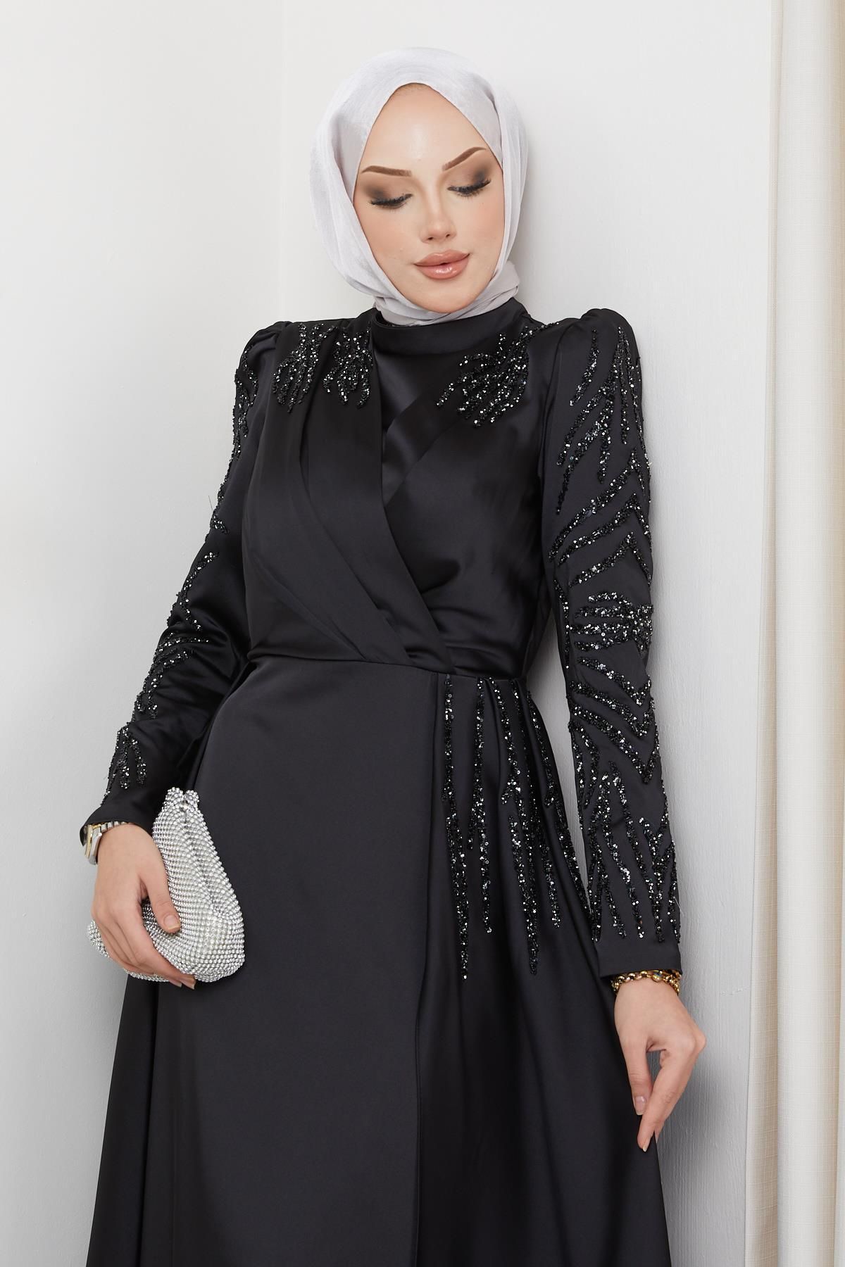 Olcay-Abendkleid aus Satin mit Pailletten- und Steindetail vorne und an den Ärmeln SCHWARZ 1660 5