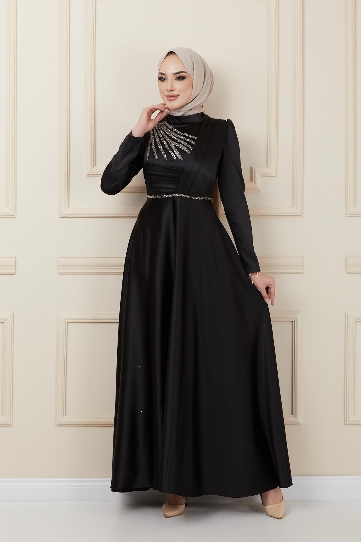 Olcay-Satin-Abendkleid mit Falten- und Perlendetail auf der Vorderseite SCHWARZ 1624 2