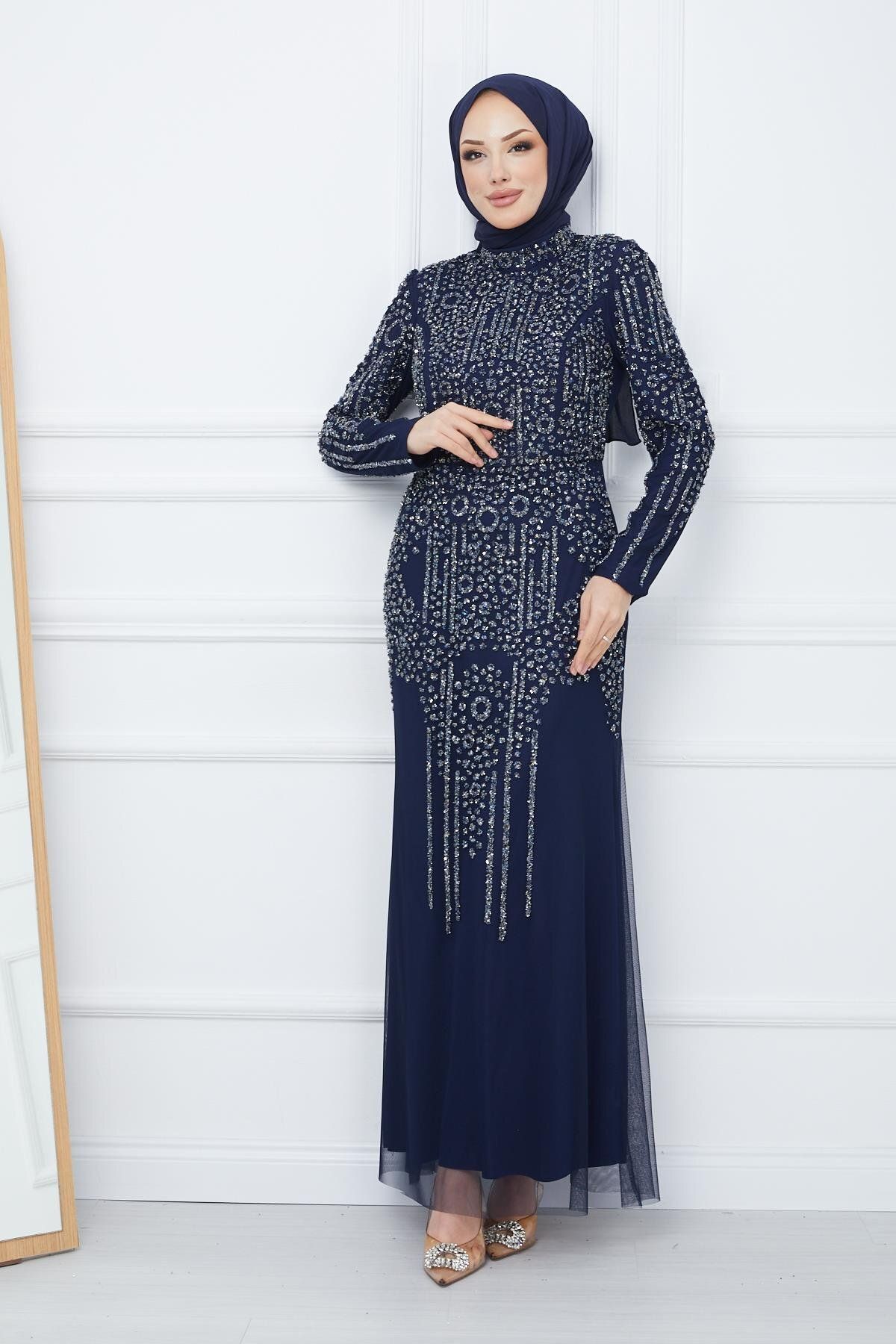 Olcay-Rochie de seara Hijab din tul cu margele si bijuterii ALBASTRU MARINE 1663 1