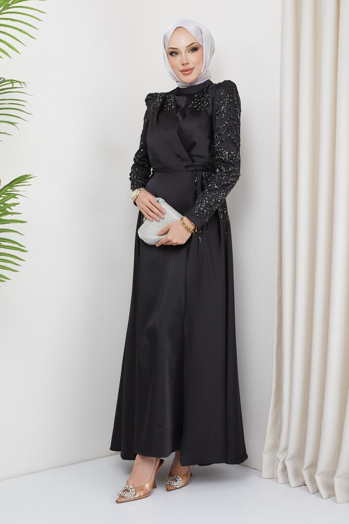 Olcay-Abendkleid aus Satin mit Pailletten- und Steindetail vorne und an den Ärmeln SCHWARZ 1660 3