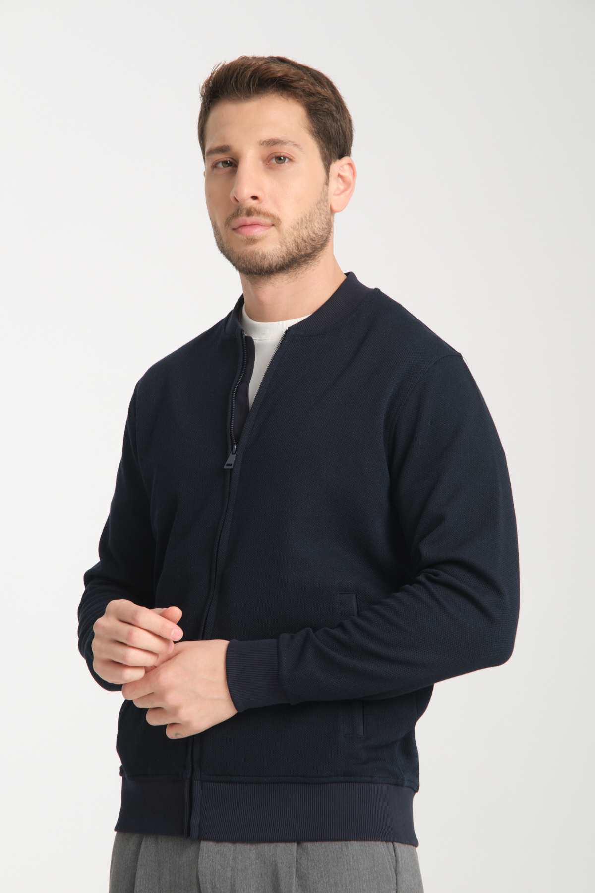 Frappoli Erkek Slim Fit Dar Kesim Dik Yaka Uzun Fermuarlı Düz Hırka görsel 5