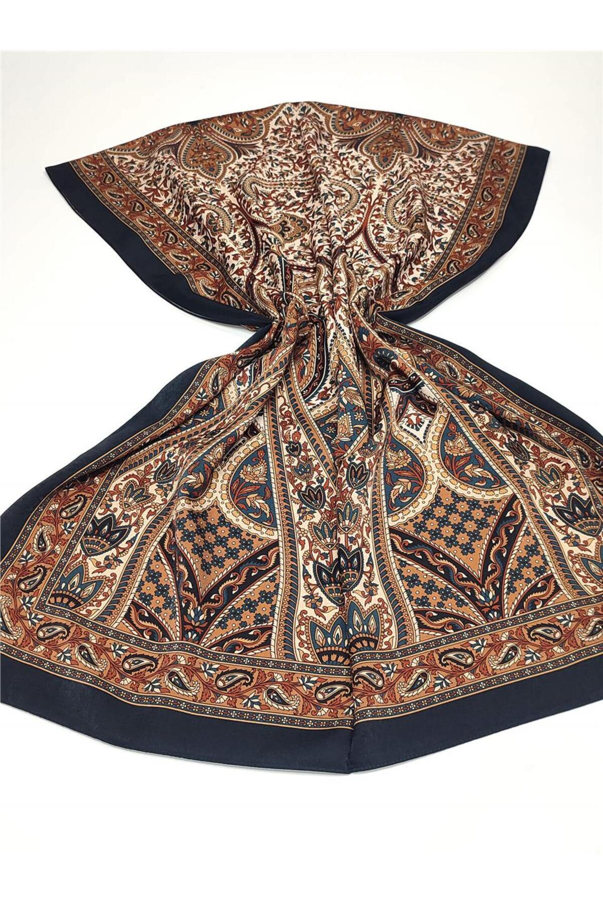 Koyu Lacivert Taba Etnik Desenli Vintage Duble Deluxe Pamuk Modal Şal