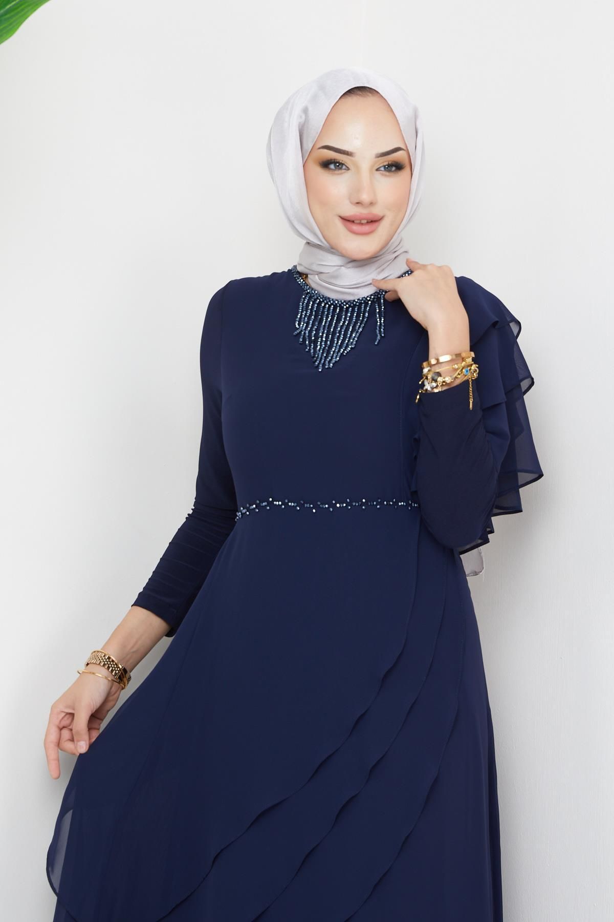 Olcay-Gyöngy és lendkerék részletes sifon hidzsáb estélyi ruha NAVY BLUE 1652 3