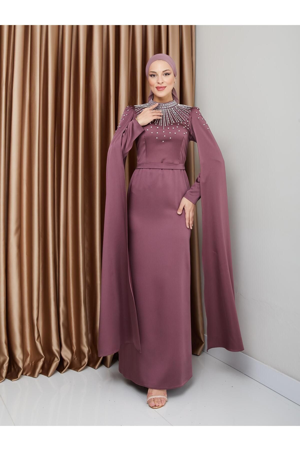 Olcay-Satin Hijab Evening Dress with Stone and Cape Detail, Dried Rose 1228 2