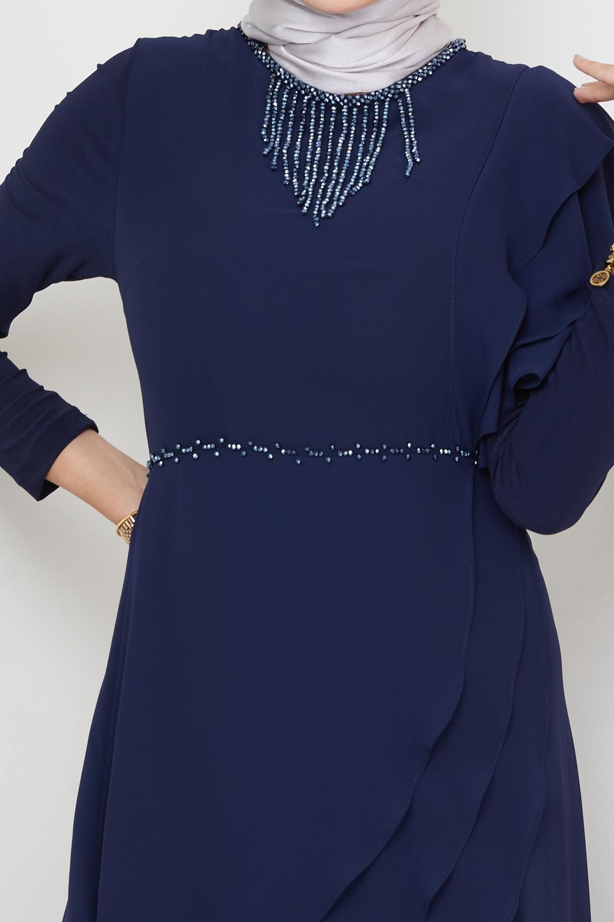 Olcay-Gyöngy és lendkerék részletes sifon hidzsáb estélyi ruha NAVY BLUE 1652 5
