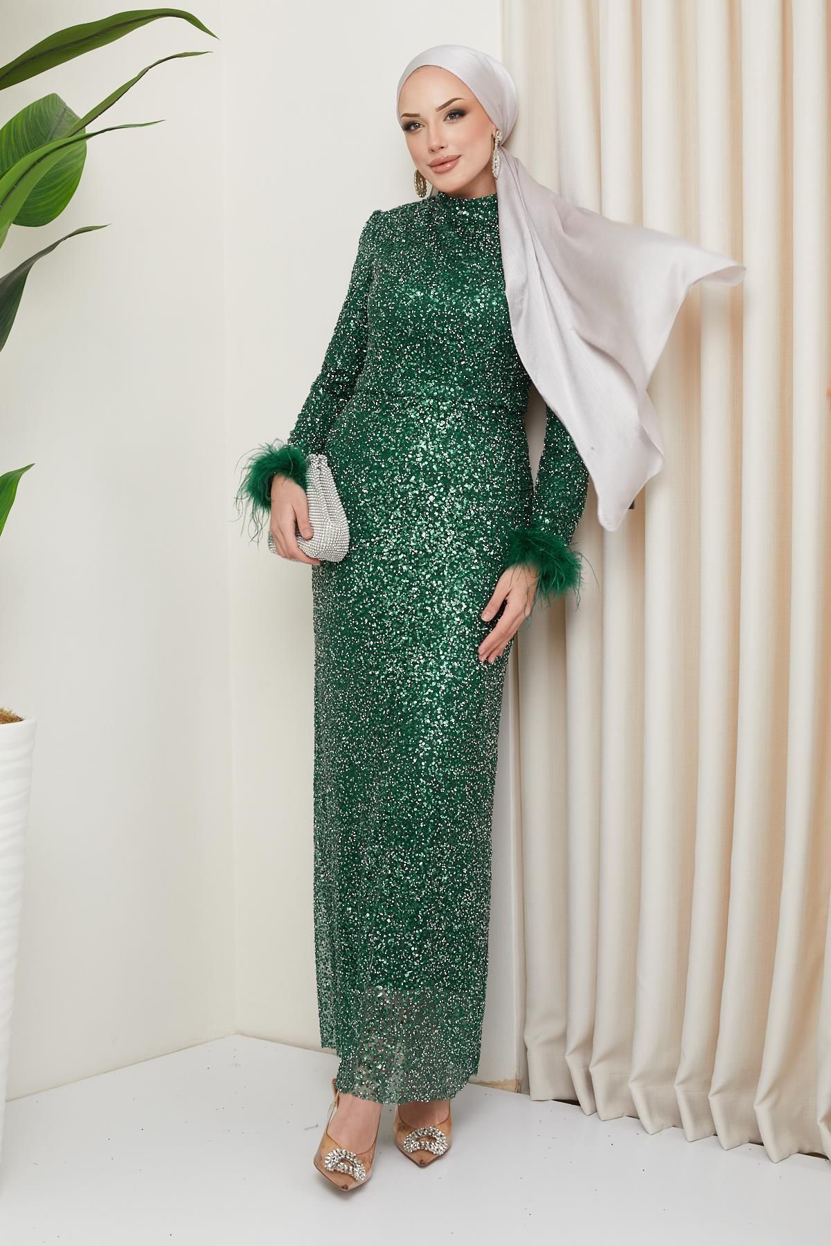 Olcay-GREEN Evening Dress - Feather Detailed Sleeve, Sequin and Jewelled 1208 1