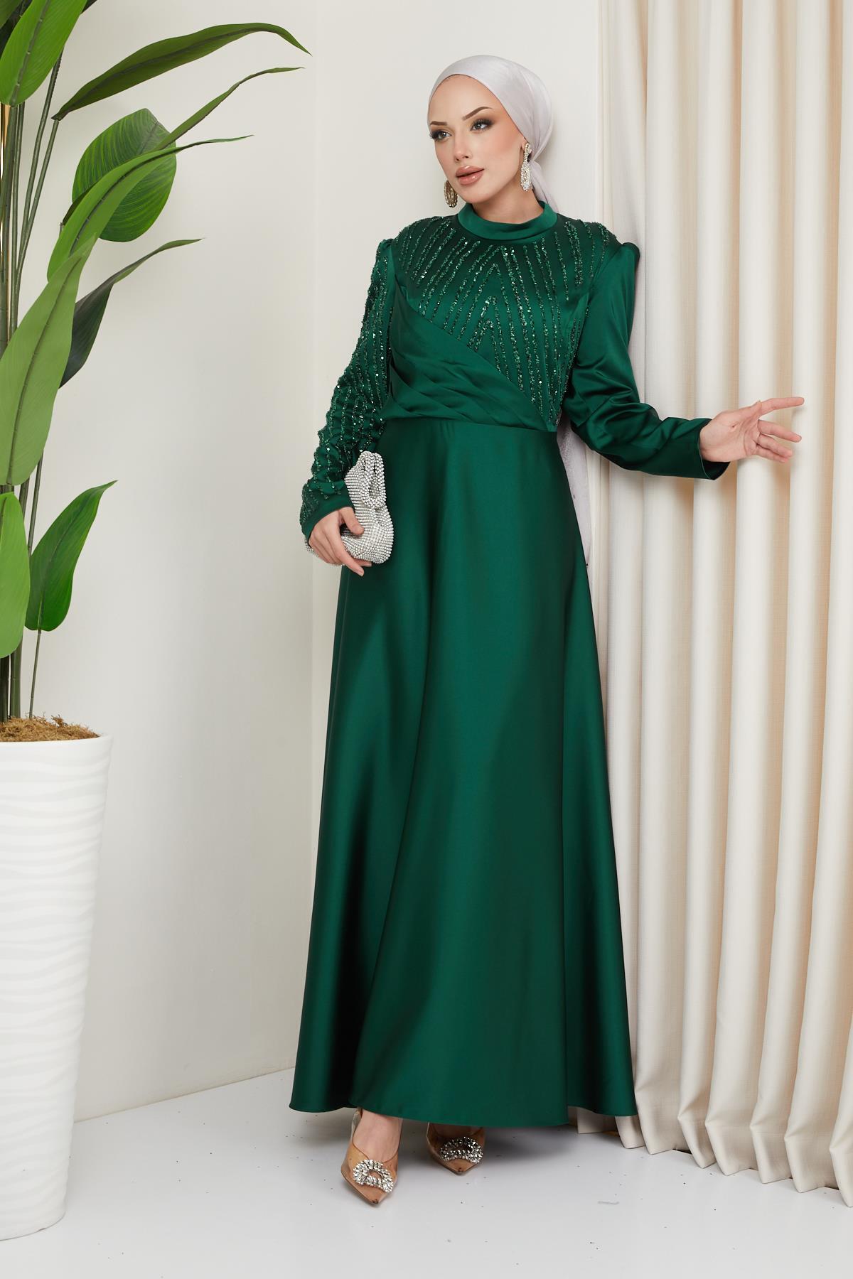 Olcay-Plus Size Hijab-Abendkleid aus Satin mit Falten und Steindetail GRÜN 1659 4