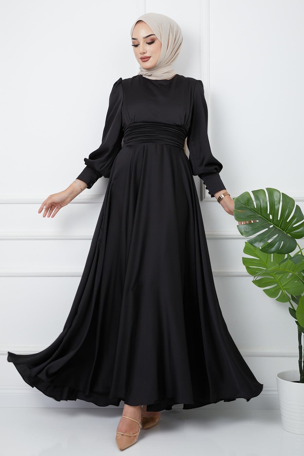 Pleat Waist Detailed Evening Dress with Belt BLACK 1595