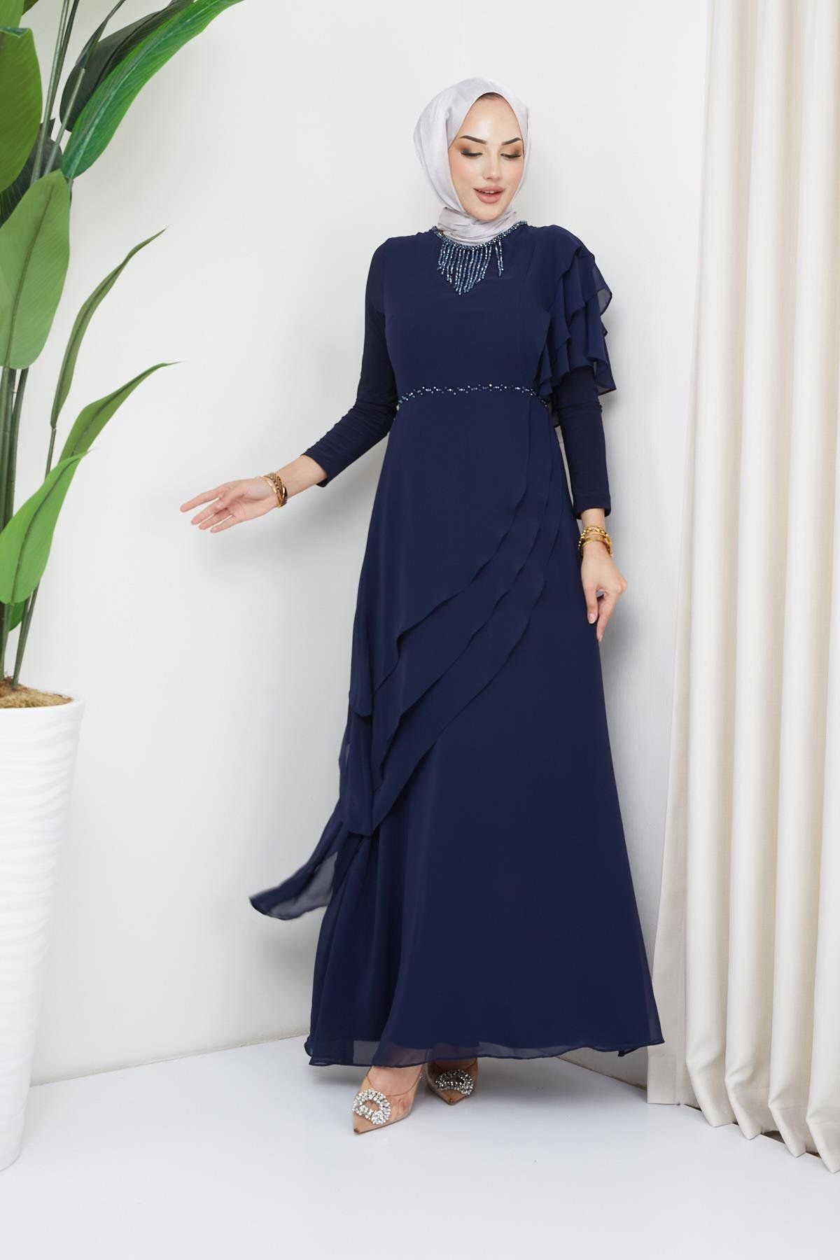 Olcay-Gyöngy és lendkerék részletes sifon hidzsáb estélyi ruha NAVY BLUE 1652 4