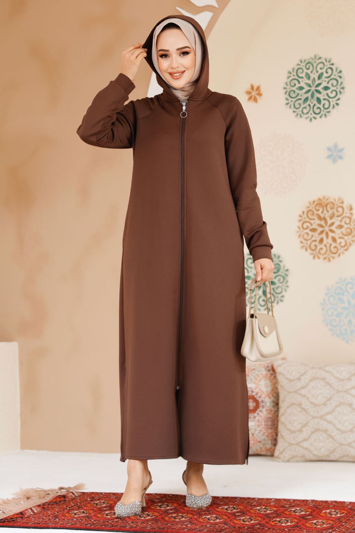 Neva Style-Hooded Brown Hijab Cap 72231Kh 3