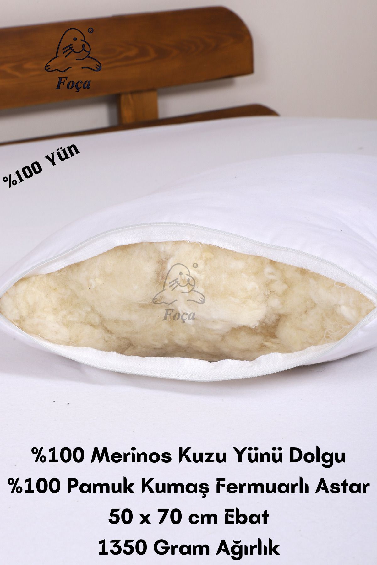 Foca Yorgan Ev Tekstil %100 Doğal Merinos Kuzu Yünü Dolgulu Kokusuz Yıkanabilir Yün Yastık (50X70 CM EBAT - 1350 GR)