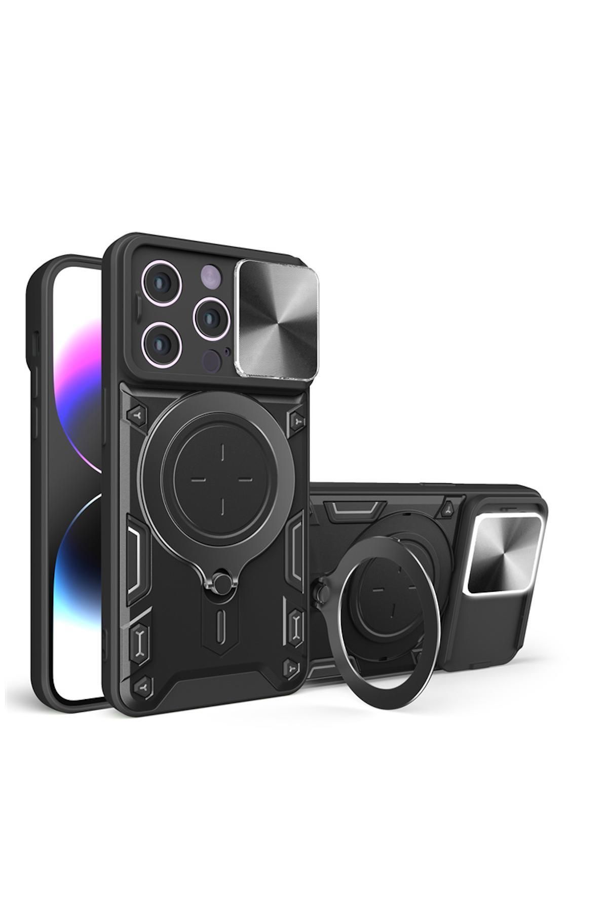 Pro Aksesuar Apple iPhone 15 Pro Max Uyumlu Kılıf Manyetik Standlı Zırhlı Silikon Kılıf Siyah