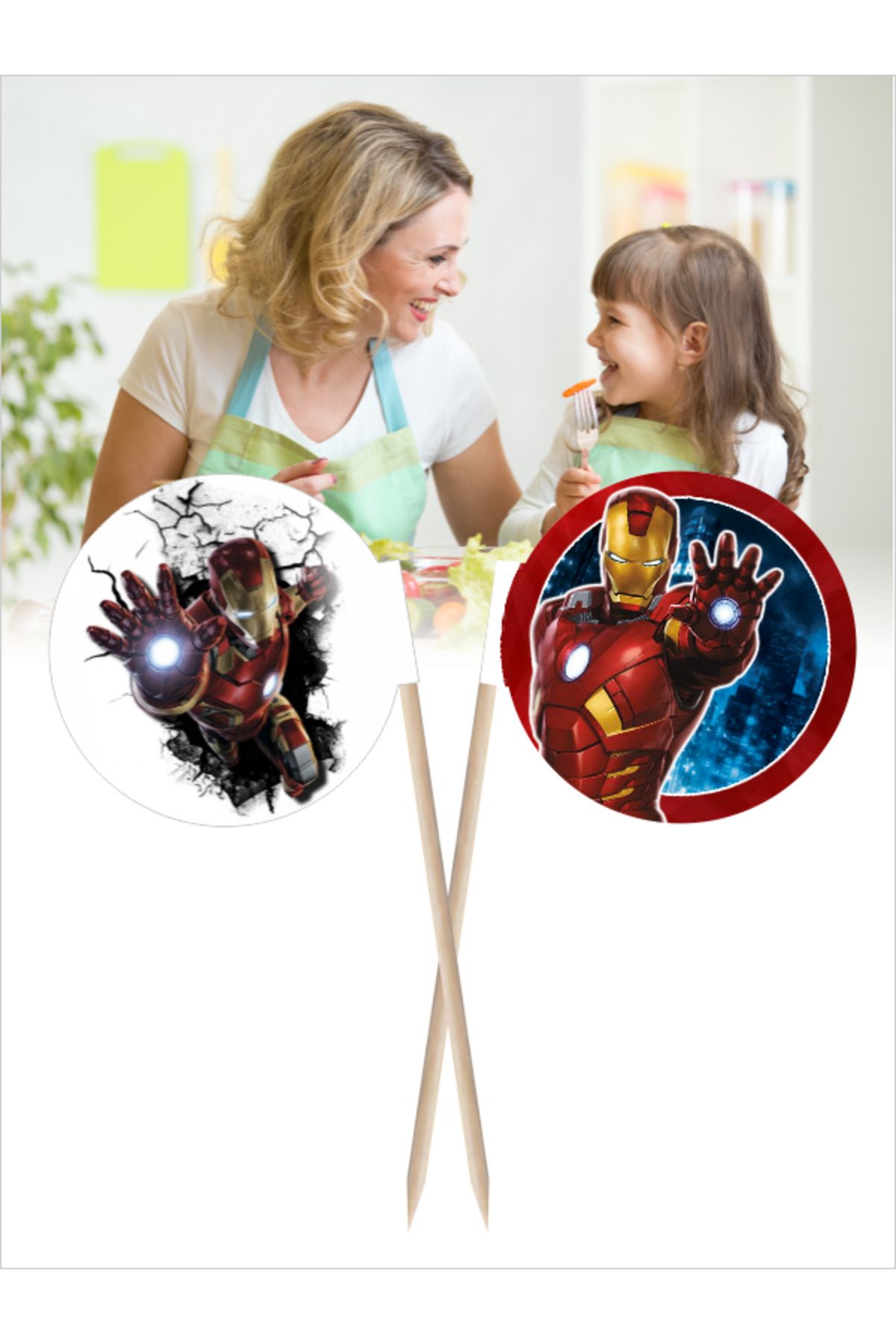 Home Iron Man Baskılı Çift Taraflı Kahvaltı ve Yemek Kullanımlarına Uygun Bayrak Kürdan - 10 cm 30 adet