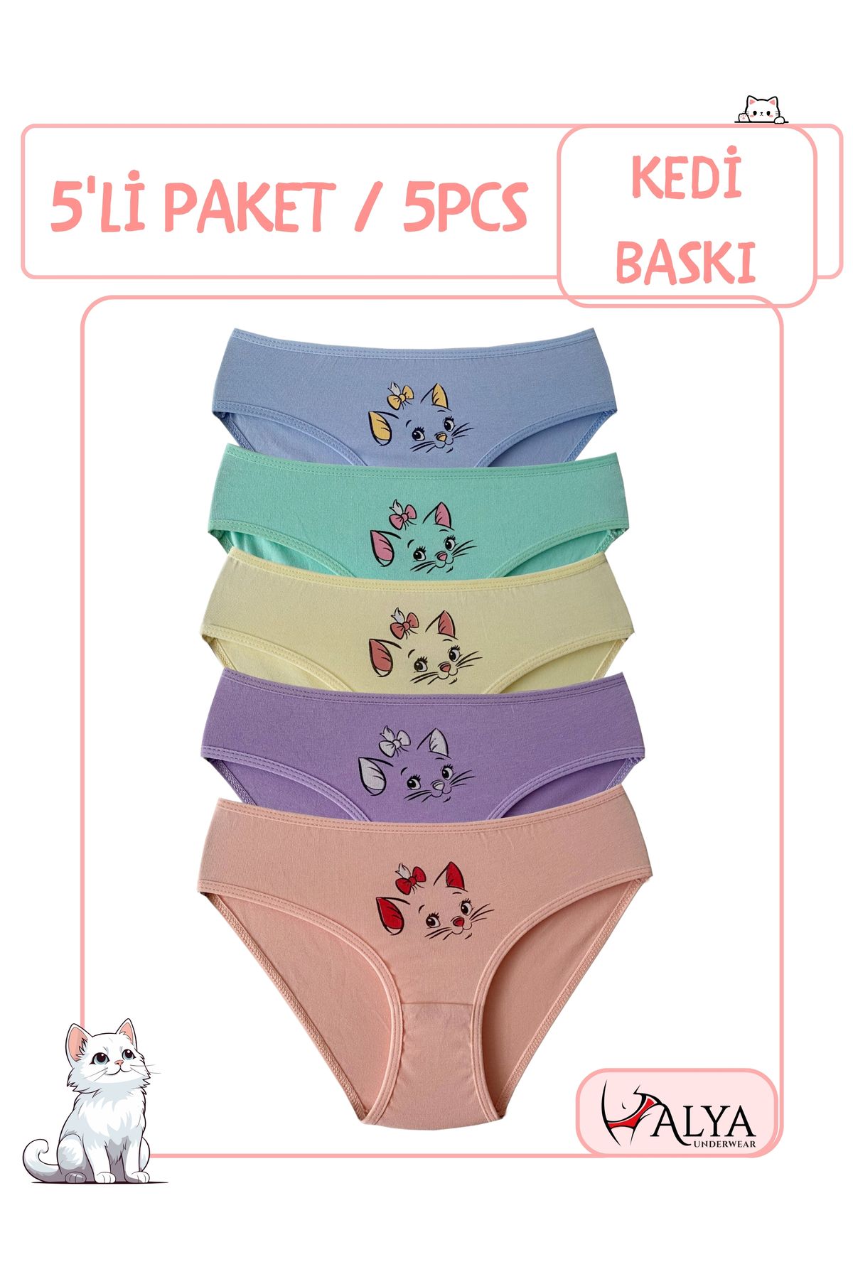 ALYA UNDERWEAR-Cat Printed Cotton Girls' Panties, Colorful Slip Panties 1