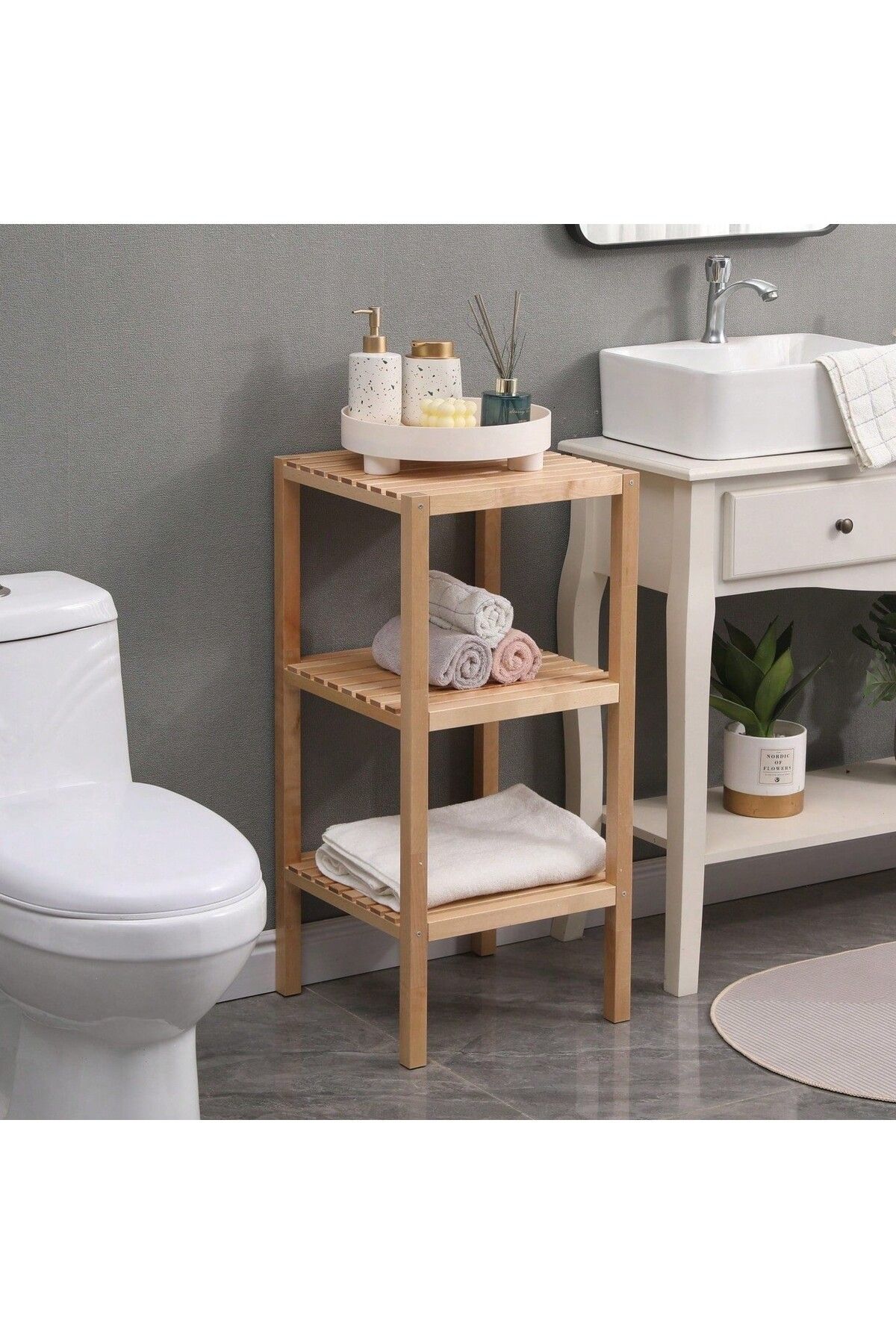 SERAHŞAP 3 Katlı Ahşap Banyo Rafı Çok Amaçlı Düzenleyici 80x30x30