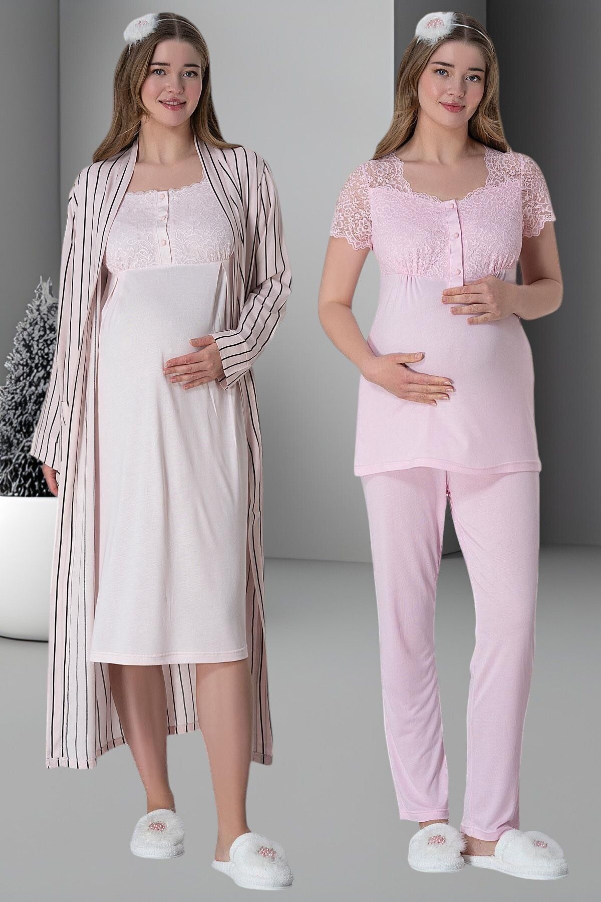 Starpink Uzun Sabahlıklı Gecelik Pijama Lohusa Seti