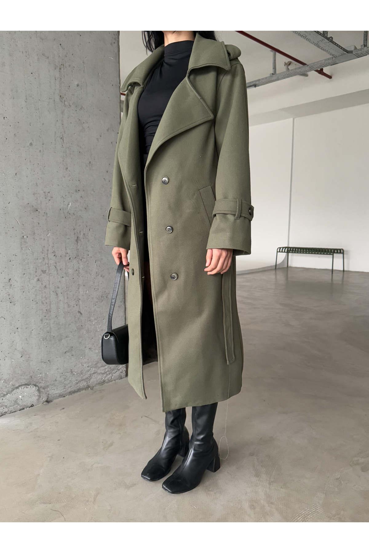 Female Clothing  Yeşil Astarlı Cepli Uzun Kaban Mont - Görsel 4