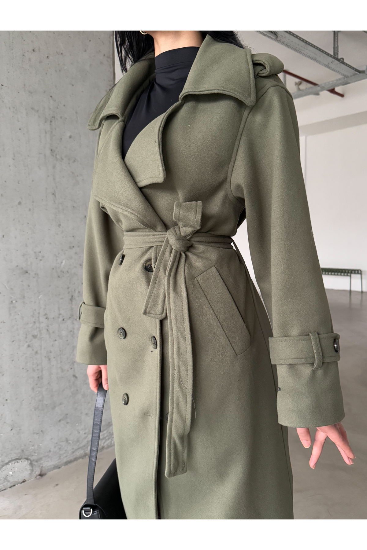 Female Clothing  Yeşil Astarlı Cepli Uzun Kaban Mont - Görsel 6