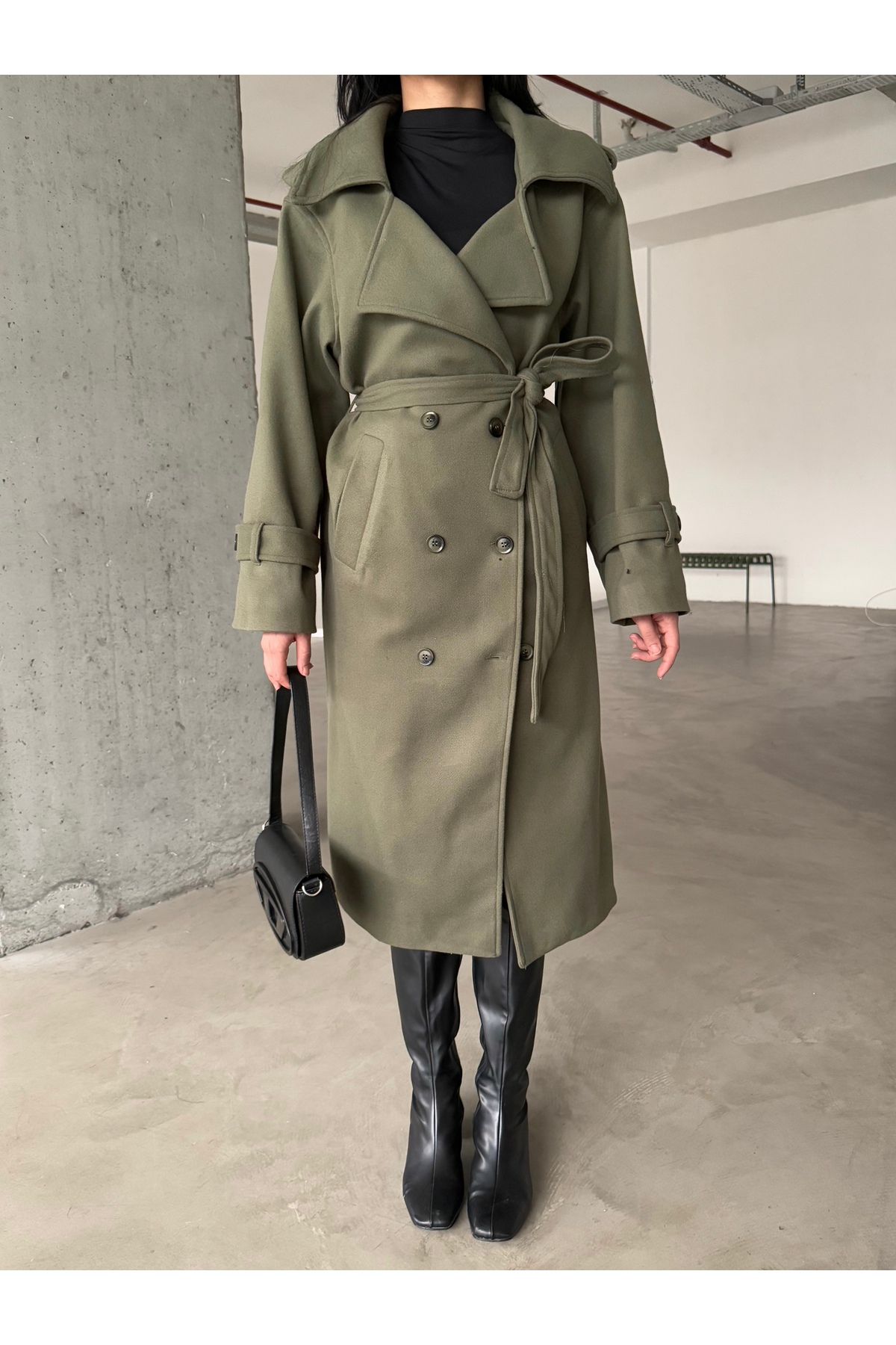 Female Clothing  Yeşil Astarlı Cepli Uzun Kaban Mont - Görsel 5