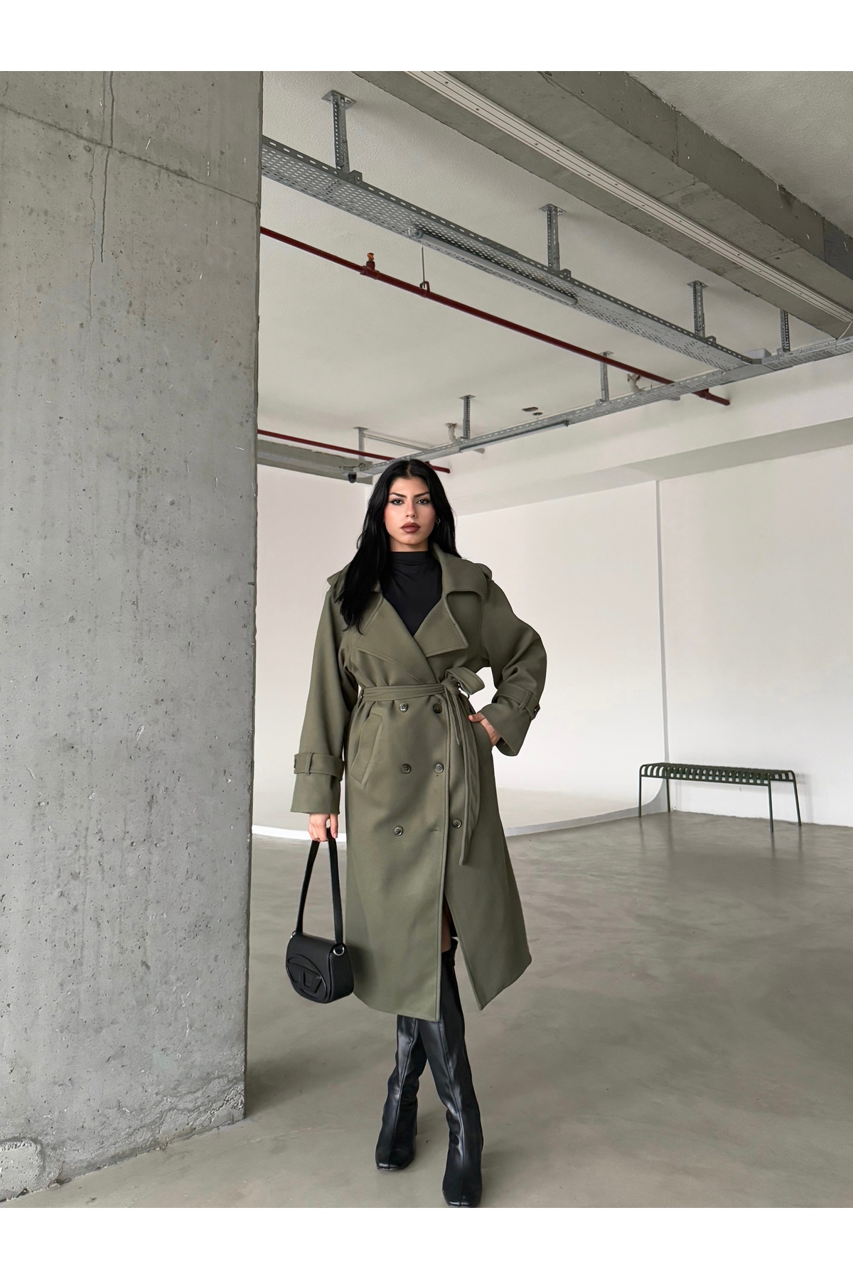 Female Clothing  Yeşil Astarlı Cepli Uzun Kaban Mont