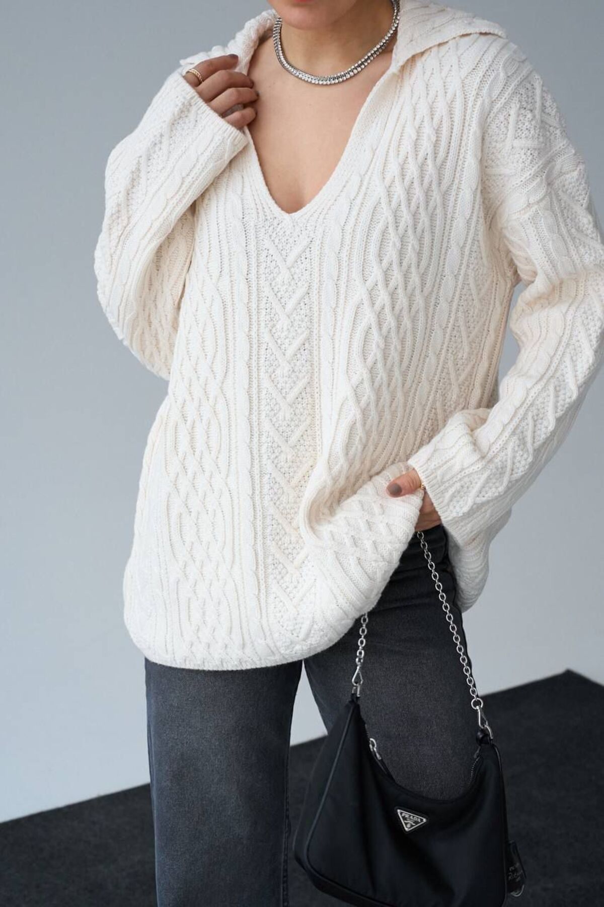 My Blog-Cremefarbener, geflochtener Pullover mit Knopfleiste - 241265 2