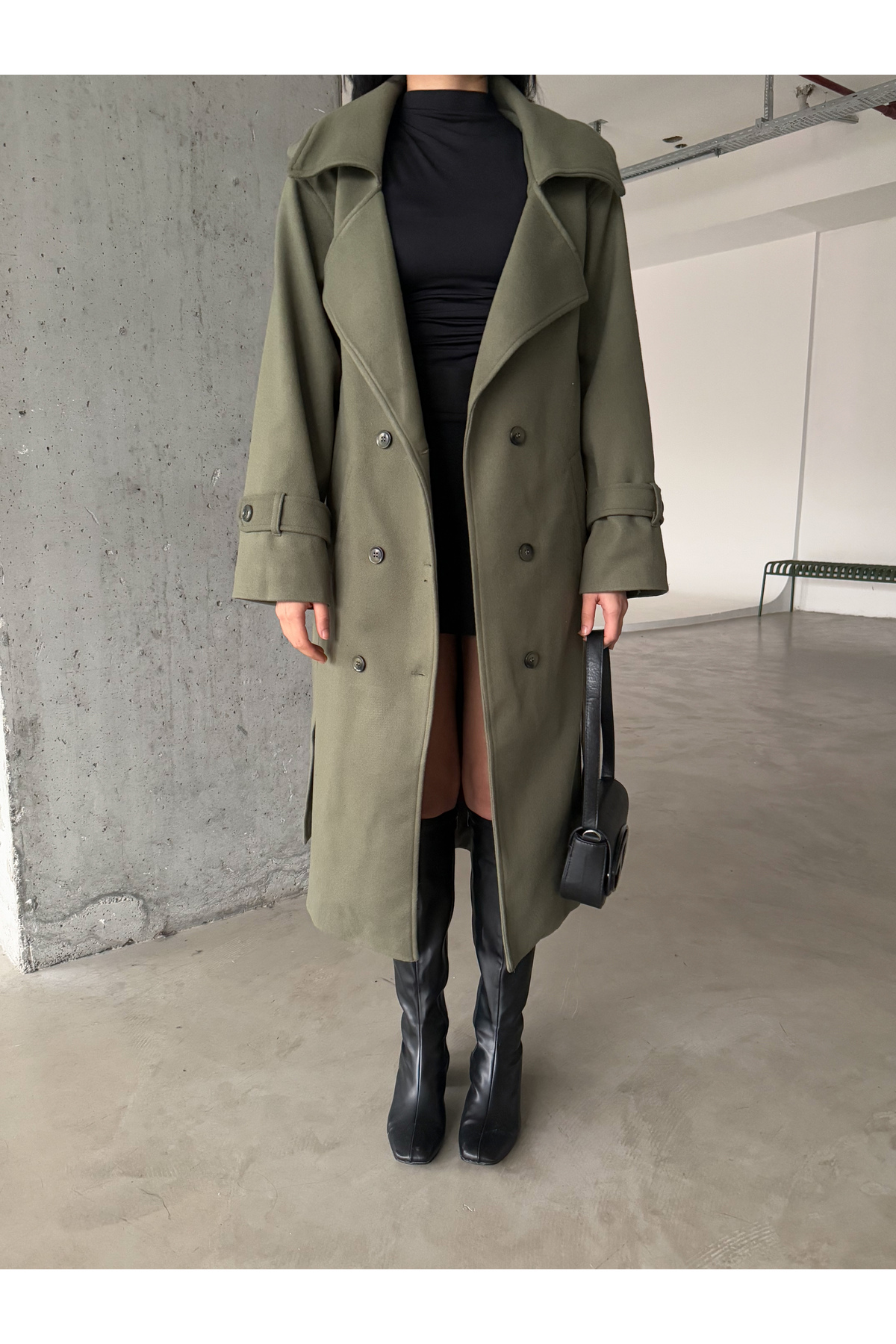 Female Clothing  Yeşil Astarlı Cepli Uzun Kaban Mont - Görsel 2