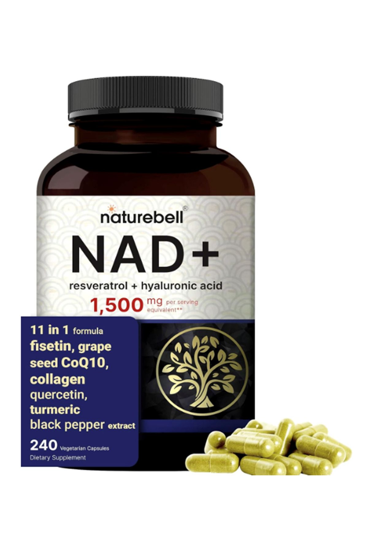 Naturebell Nad 1,500mg 240 Veggie Capsul 10-in-1 Complex With Resveratrol Plus Hyaluronic Acid, Q