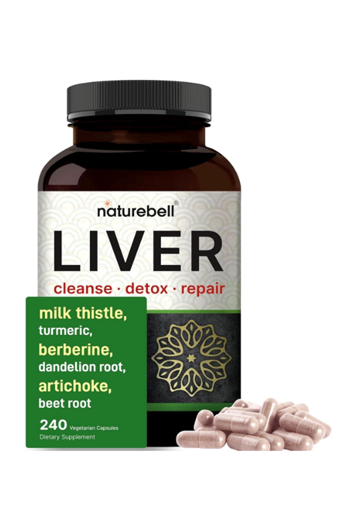 Naturebell Liver Cleanse Detox & Repair, 240 Veggie Capsul Milk Thistle, Dandelion Root, Artichoke