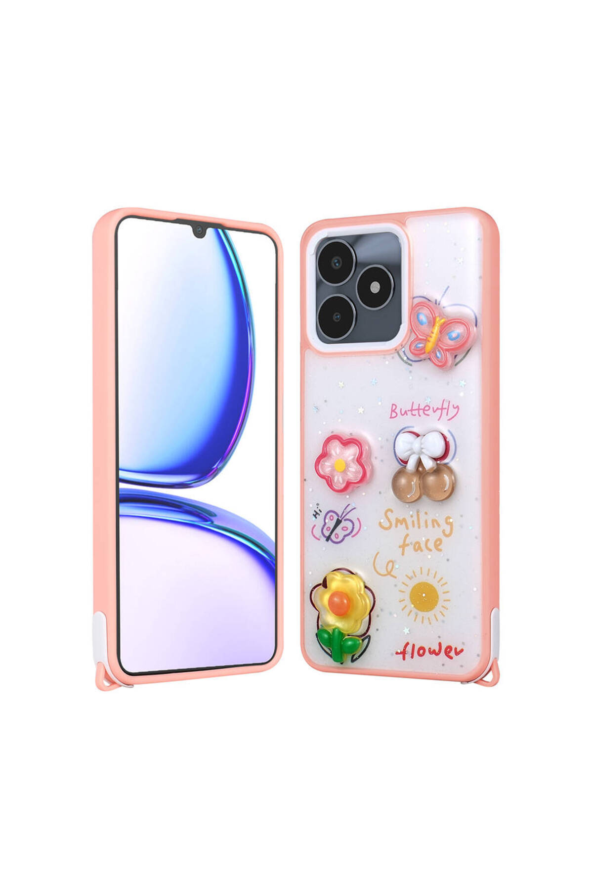 Realme C53 4G Kılıf Parlayan Simli Kabartma Figürlü Cevze Kapak