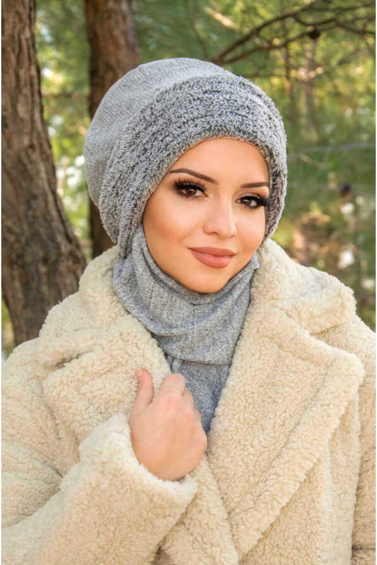 Aişe tesettür-Gray Corded Fur Accessory Hijab Beanie 4