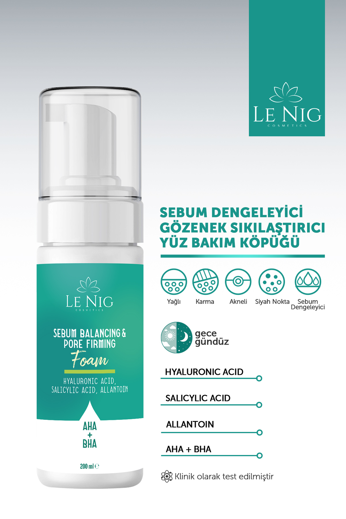 Sebum Dengeleyici & Gözenek Sıkılaştırıcı Yüz Temizleme Köpüğü | AHA + BHA & Salisilik Asit | 200 ml — KÖPÜK1 — تصویر 4 از 5