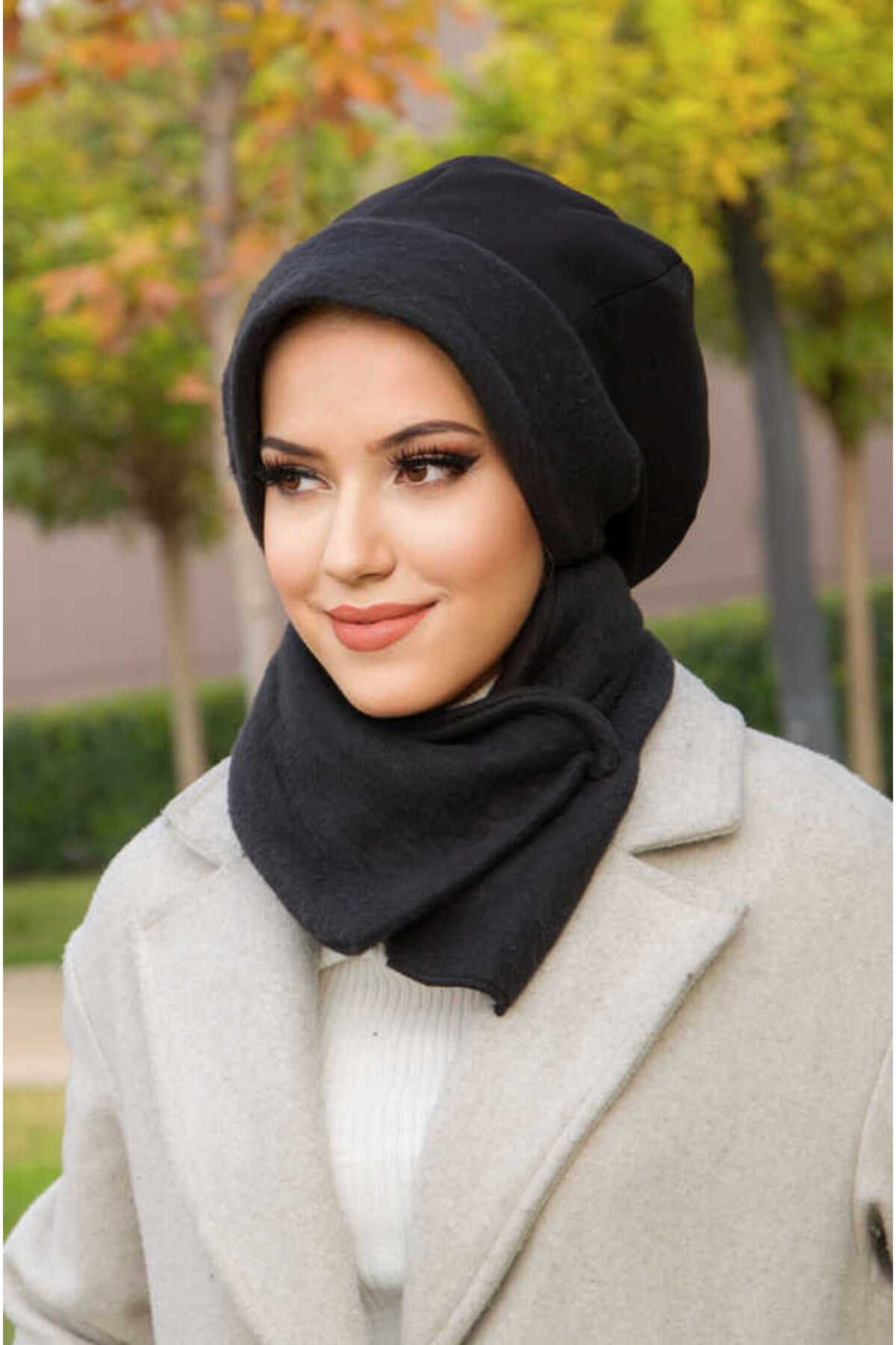 Aişe tesettür-Black Hooded Hijab Beanie and Etol Set 1